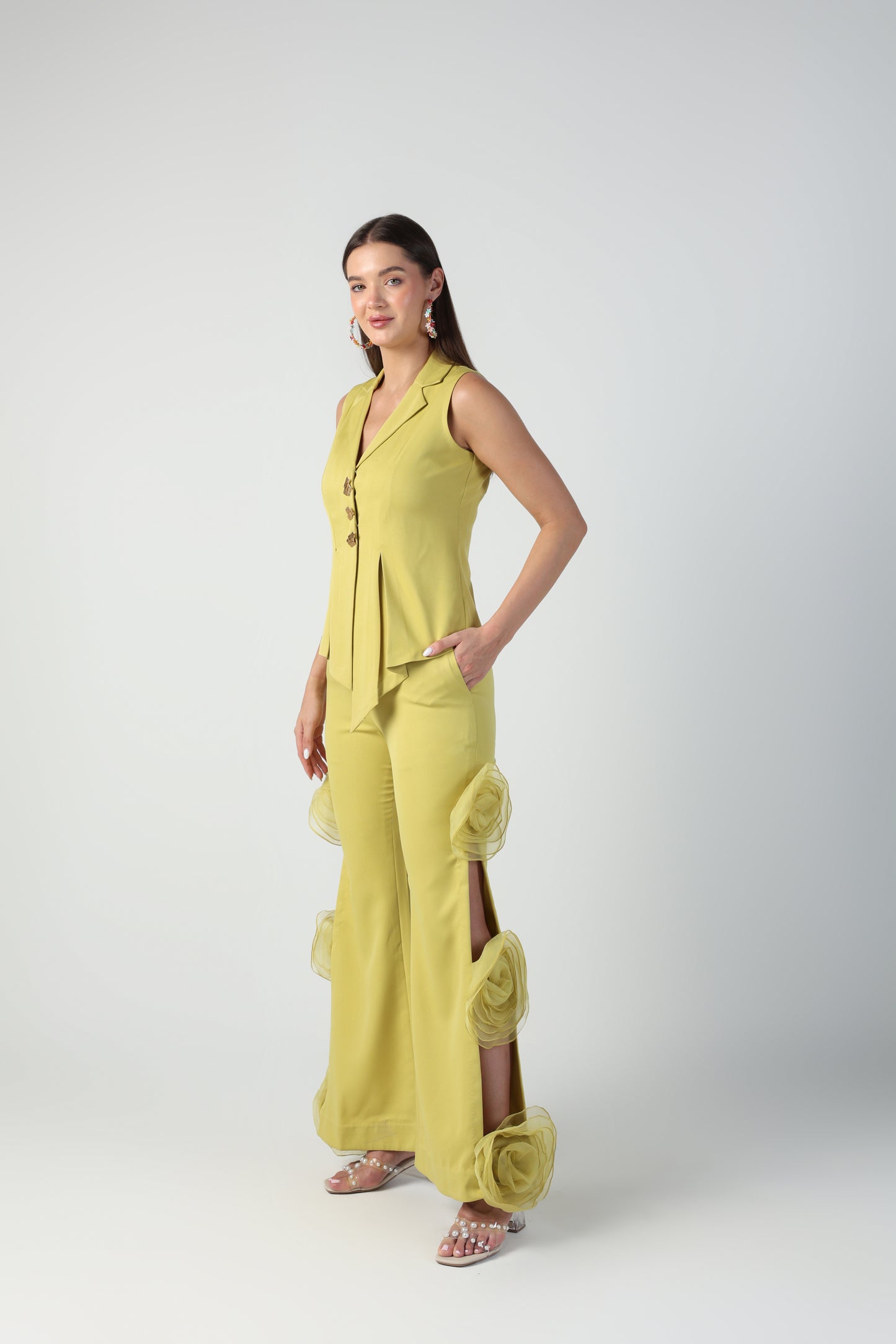 ELENA GREEN SLEEVELESS JACKET WITH ROSETTE PANT CO-ORD SET