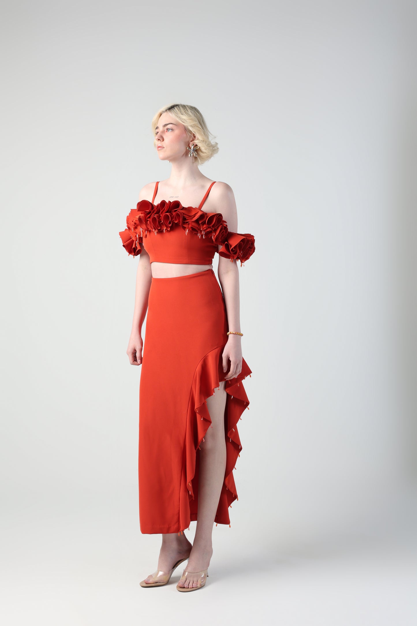 ANGELA 3D FLORAL RUFFLE TOP AND SKIRT CO-ORD SET