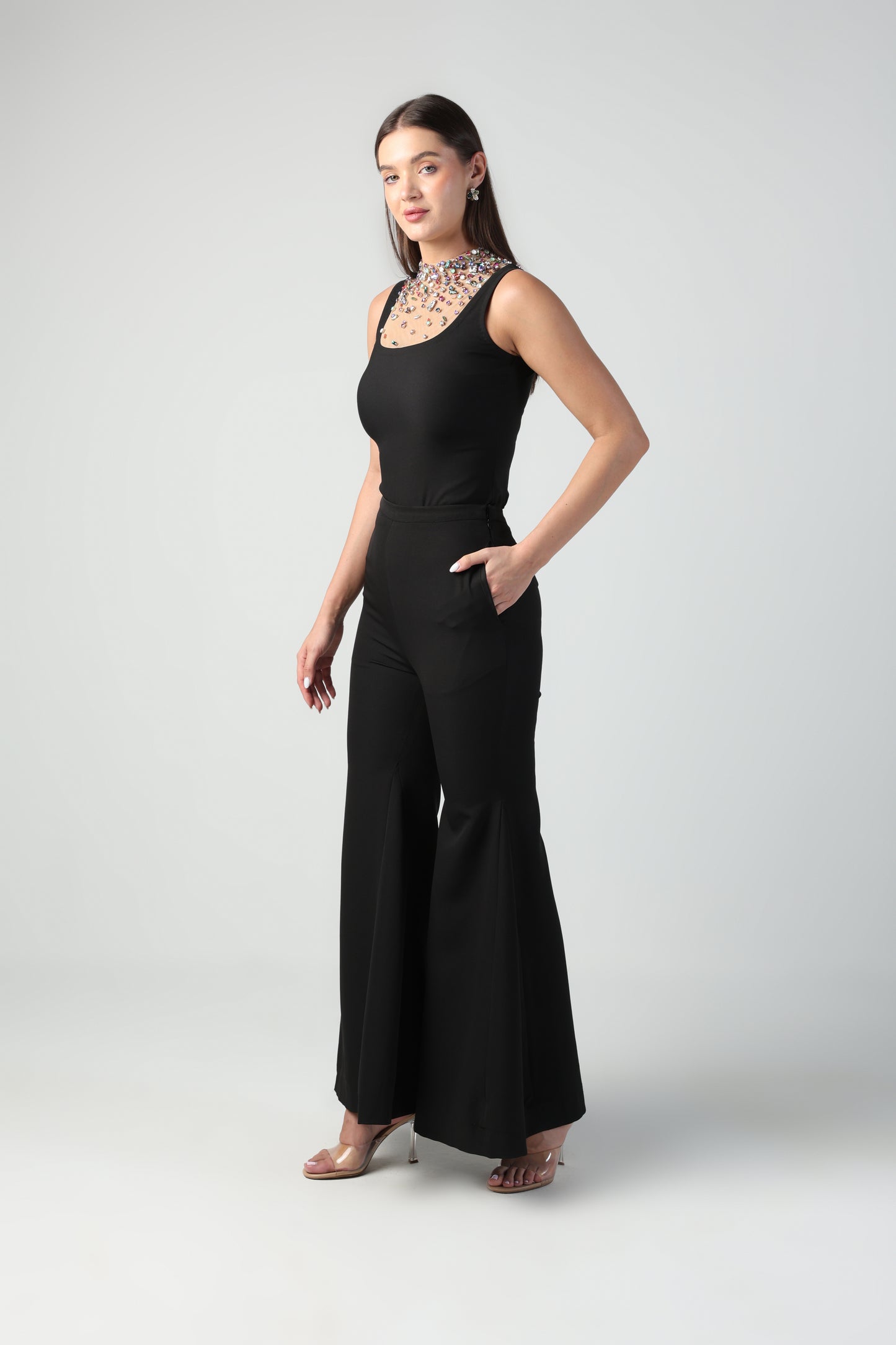 AZZURRA MULTI COLOR SWAROVSKI CRYSTAL SLEEVELESS BODYSUIT AND PANT CO-ORD SET