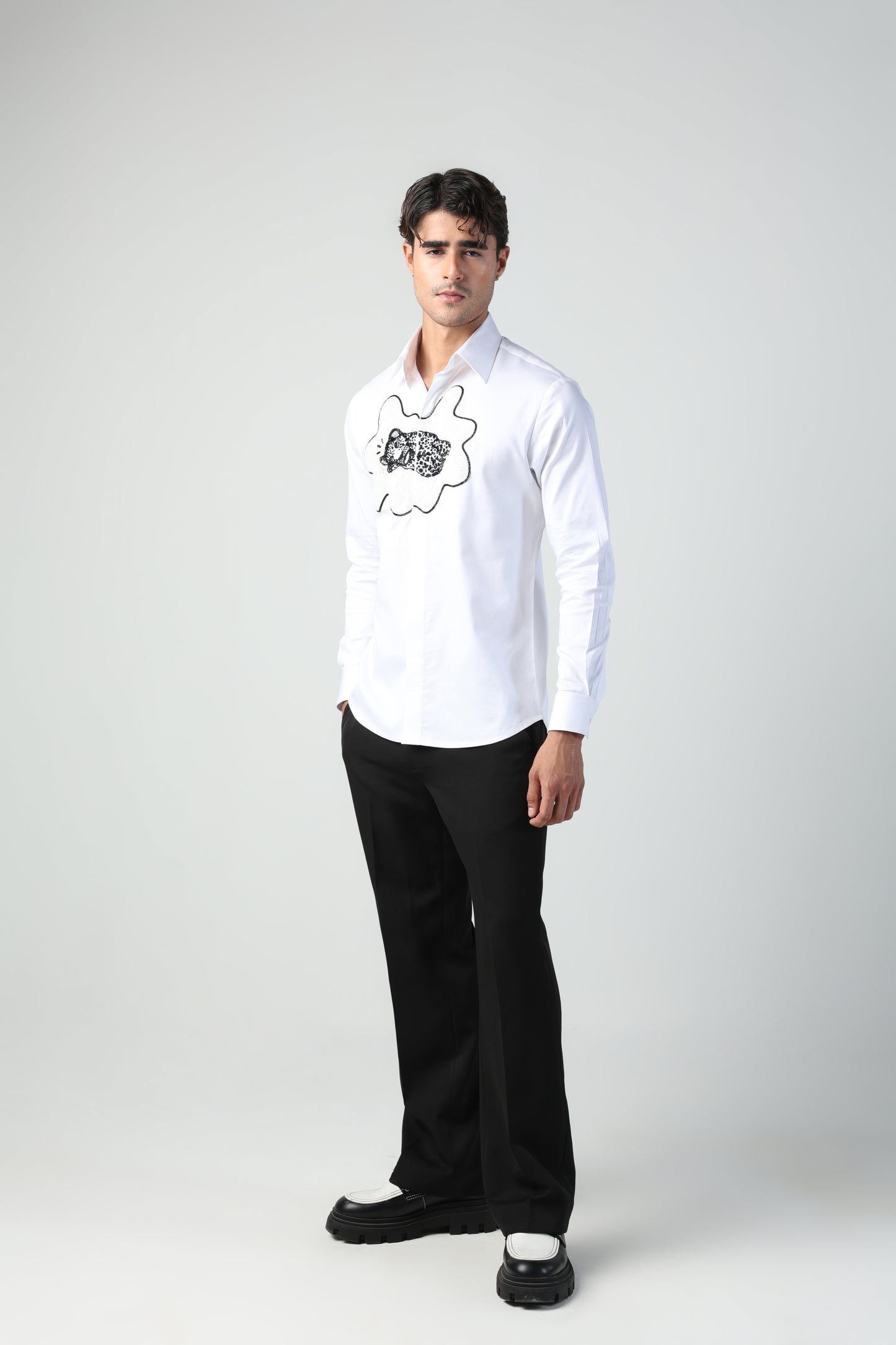 IVANO WHITE CHEETAH IN AN ABSTRACT SPLATTER HAND EMBROIDERED SHIRT