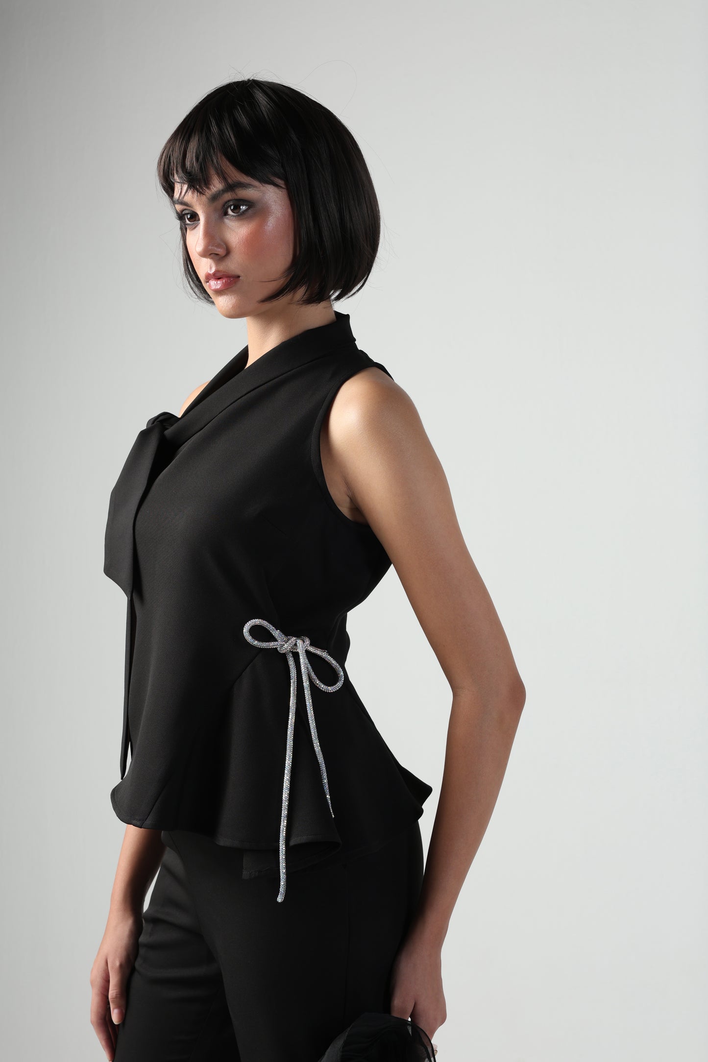 ELLIEA BLACK SLEEVELESS PATTERNED TOP WITH ROSETTE PANT CO-ORD SET