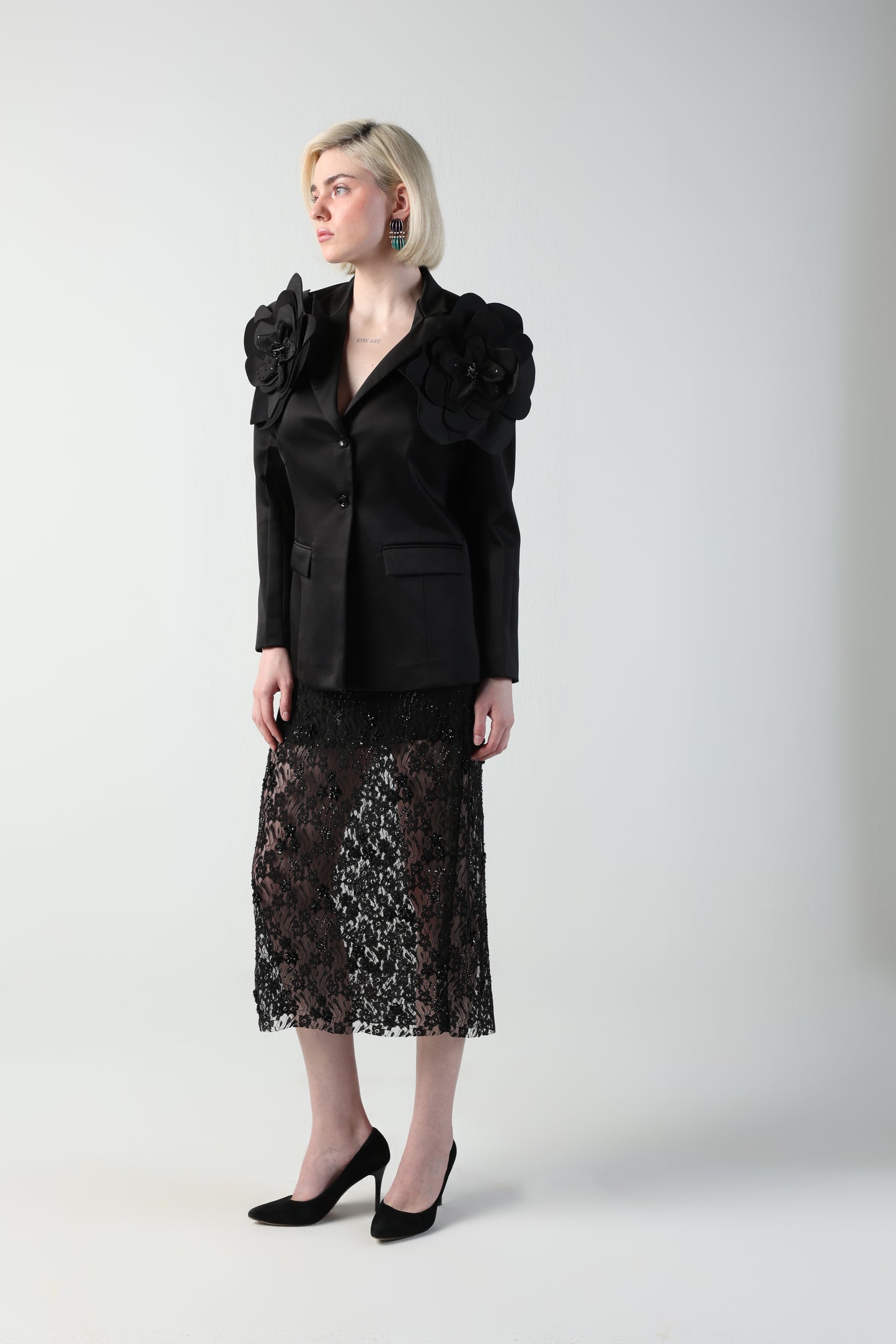 ALICIA MULTI SIZED 3D FLOWER OVERSIZED LOOK JACKET AND MIDI LACE SKIRT CO-ORD SET