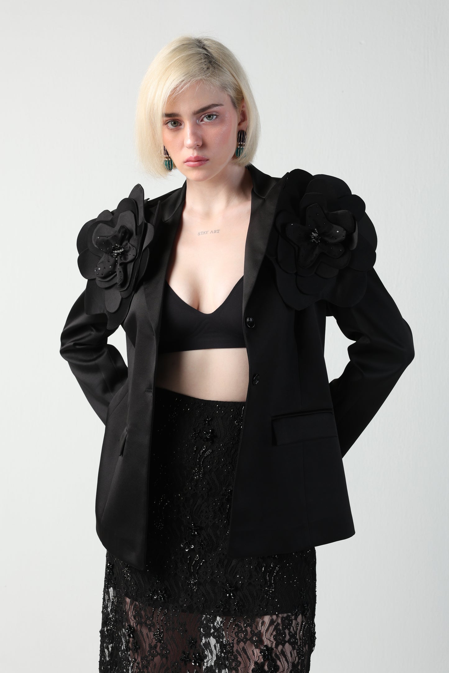 ALICIA MULTI SIZED 3D FLOWER OVERSIZED LOOK JACKET AND MIDI LACE SKIRT CO-ORD SET
