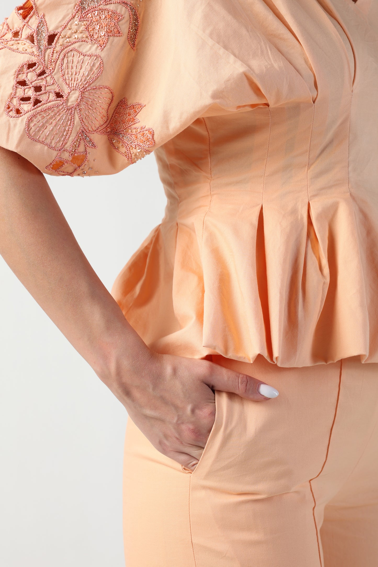 NELLA PEACH PLEATED PEPLUM HANDCUTWORK CO-ORD SET