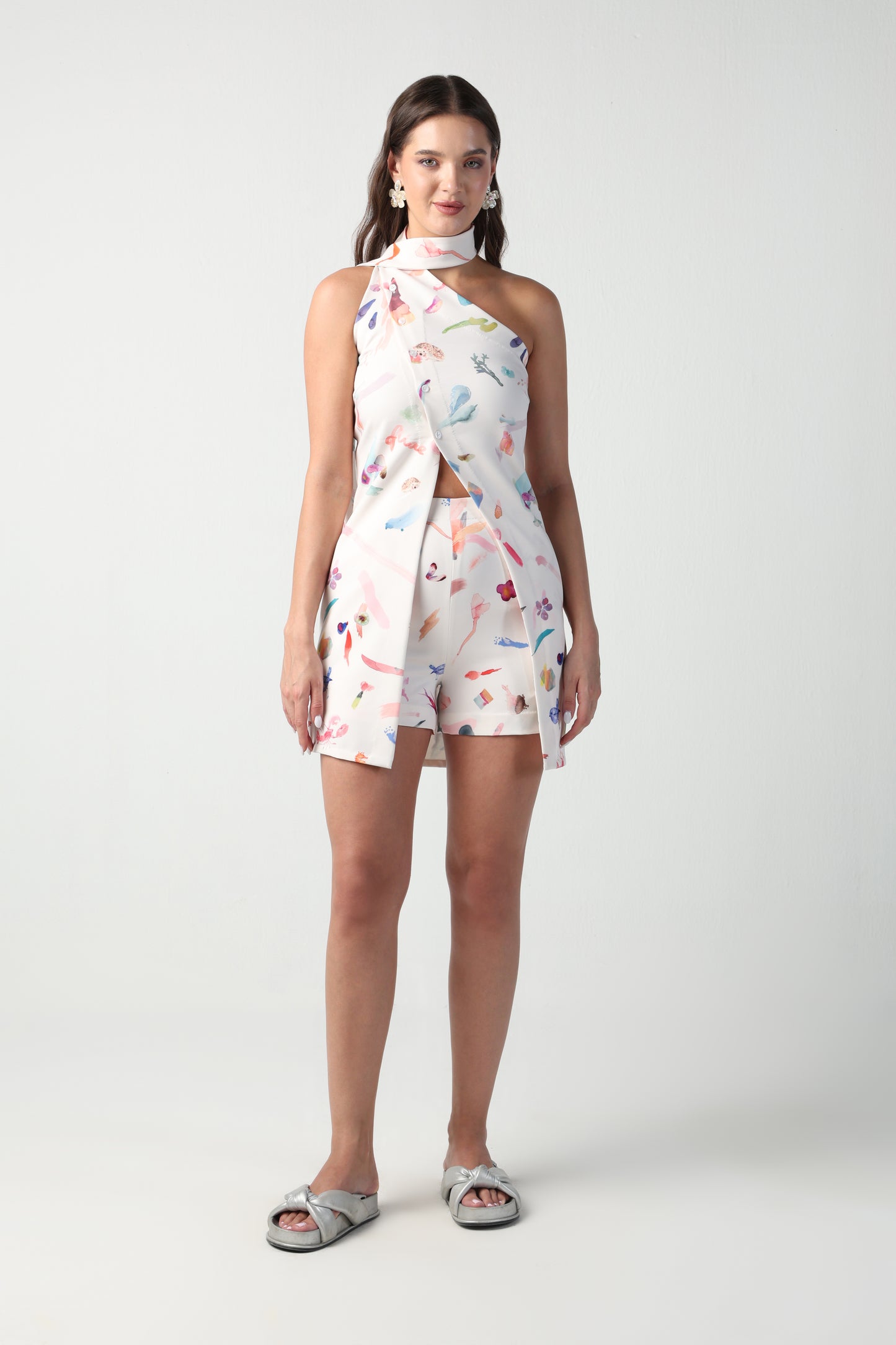 ARIA ABSTRACT BRUSH STROKE PRINT ONE SHOULDER TOP / SHORTS CO ORD SET
