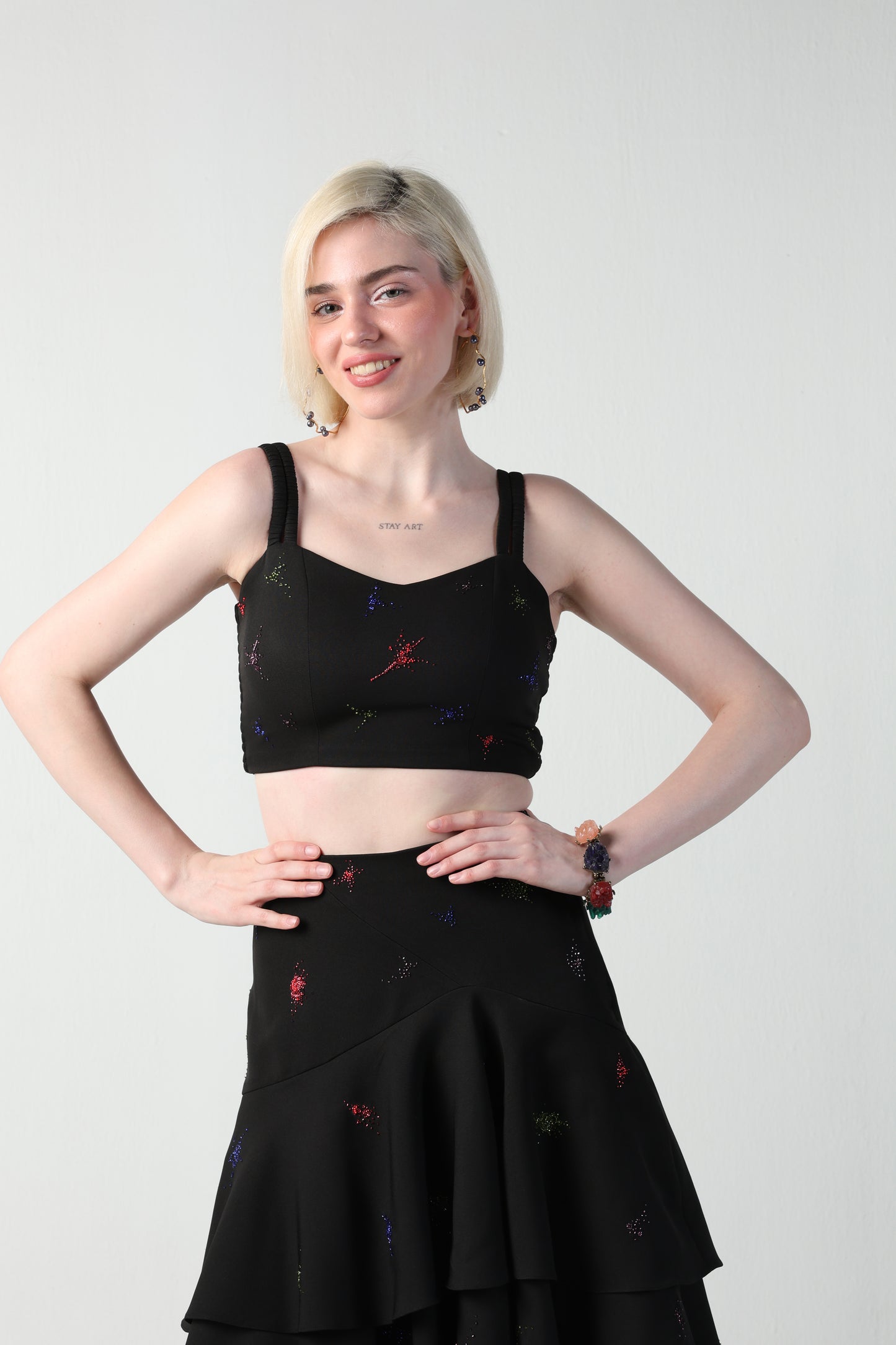 TOSCA BLACK COLORFUL SPLITTER SPLATTER DETACHABLE (LONG – SHORT) SKIRT CO-ORD SET
