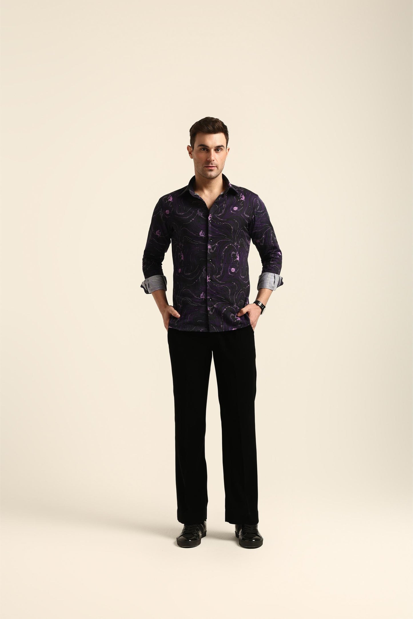 DRINKING MONKEY PRINTED PURPLE RHINESTONE SHIRT