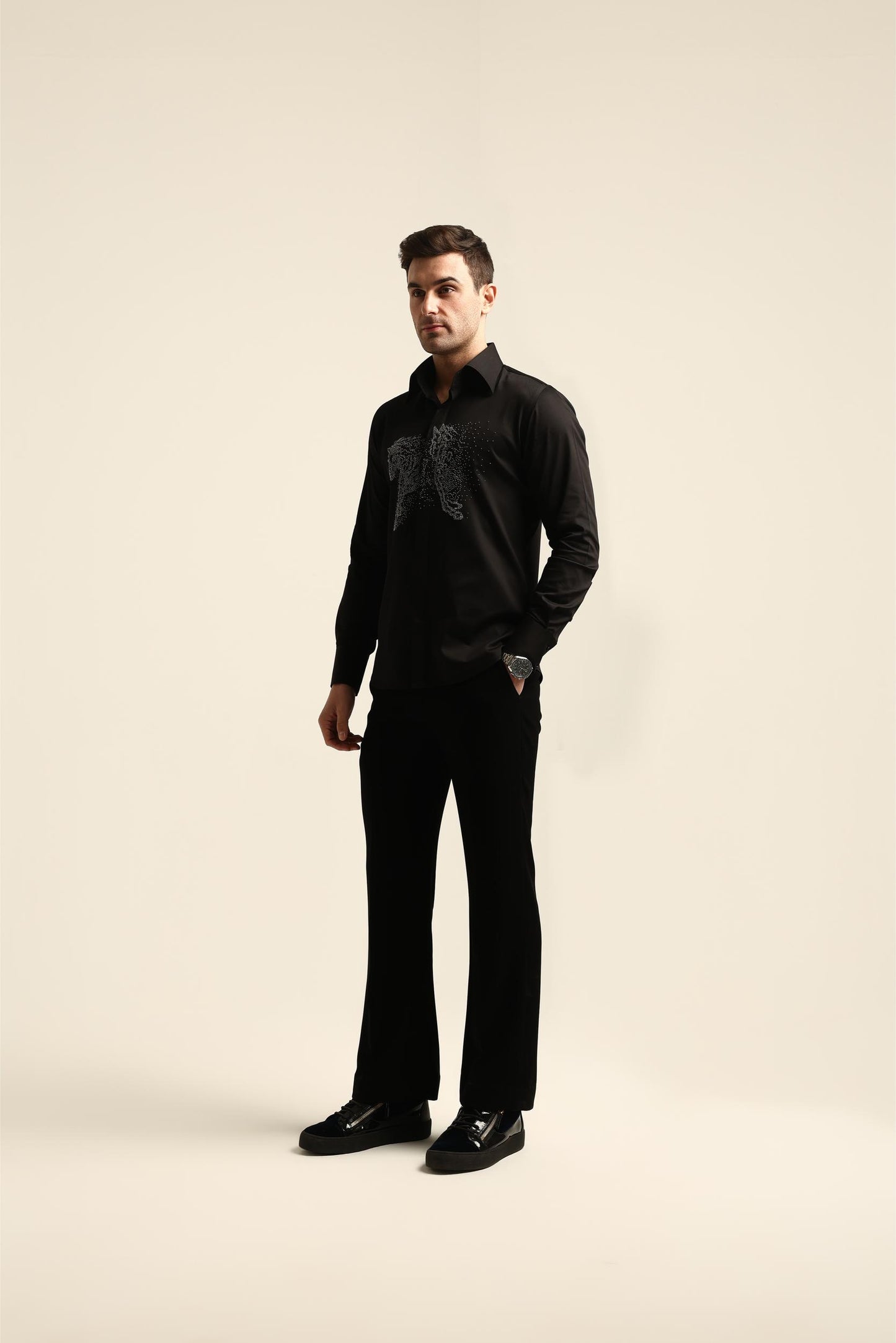 BLACK GALLOPING HORSES HAND EMROIDERED SHIRT