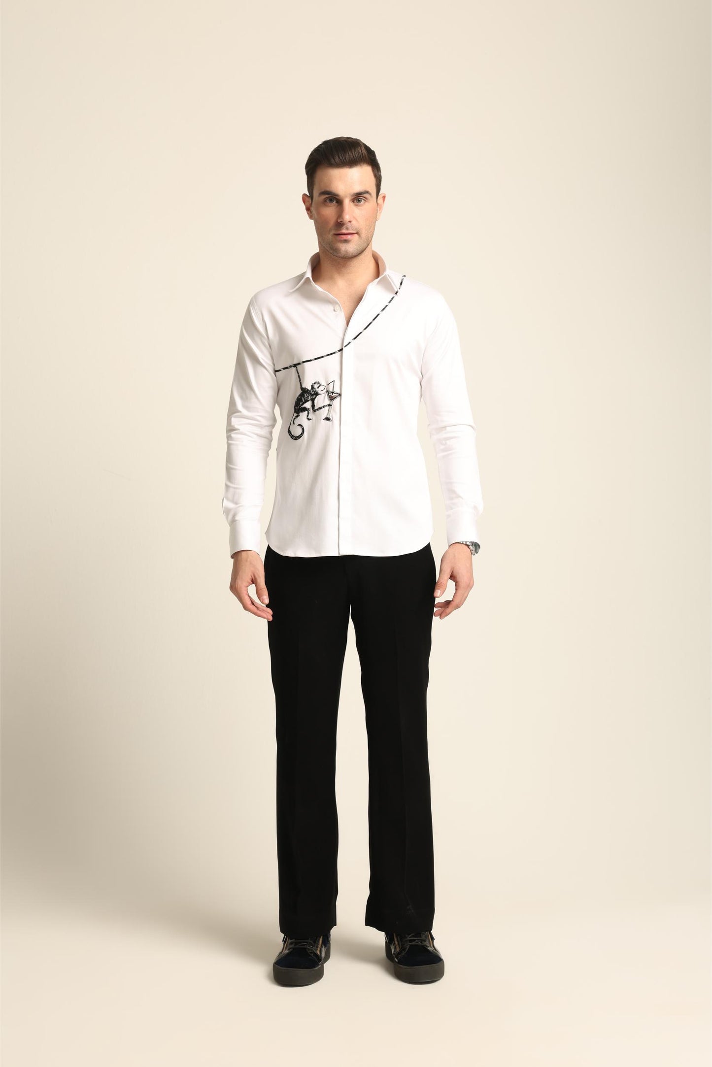 COCKTAIL MONKEY HAND EMBROIDERED WHITE SHIRT