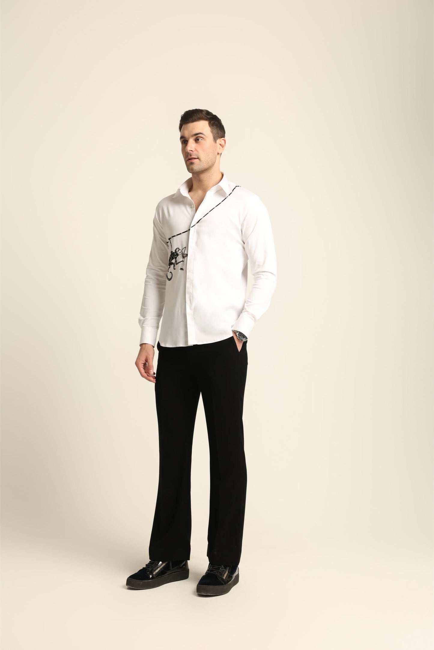 COCKTAIL MONKEY HAND EMBROIDERED WHITE SHIRT