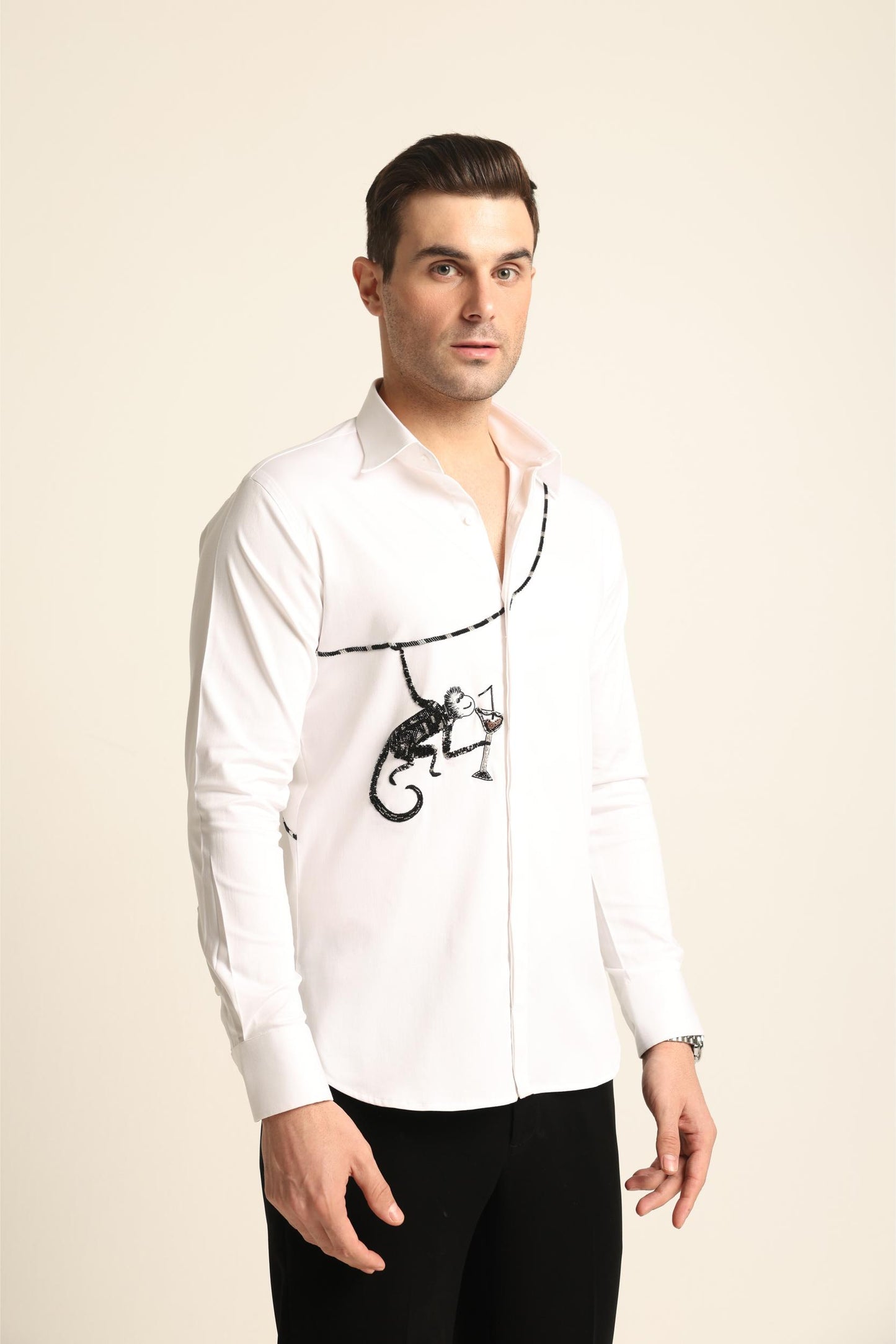 COCKTAIL MONKEY HAND EMBROIDERED WHITE SHIRT