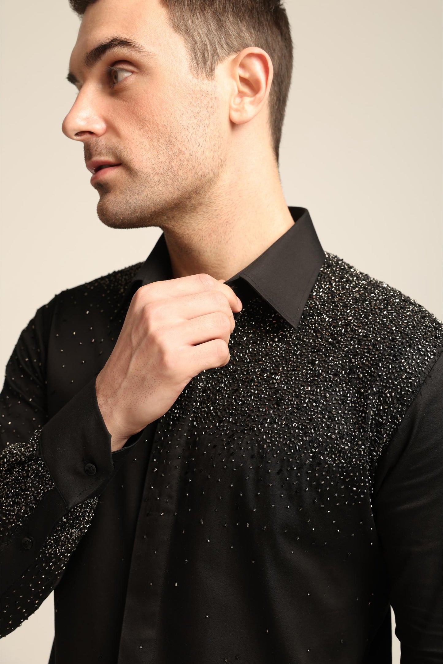 BLACK STARDUST SILVER HAND EMBROIDERED SHIRT