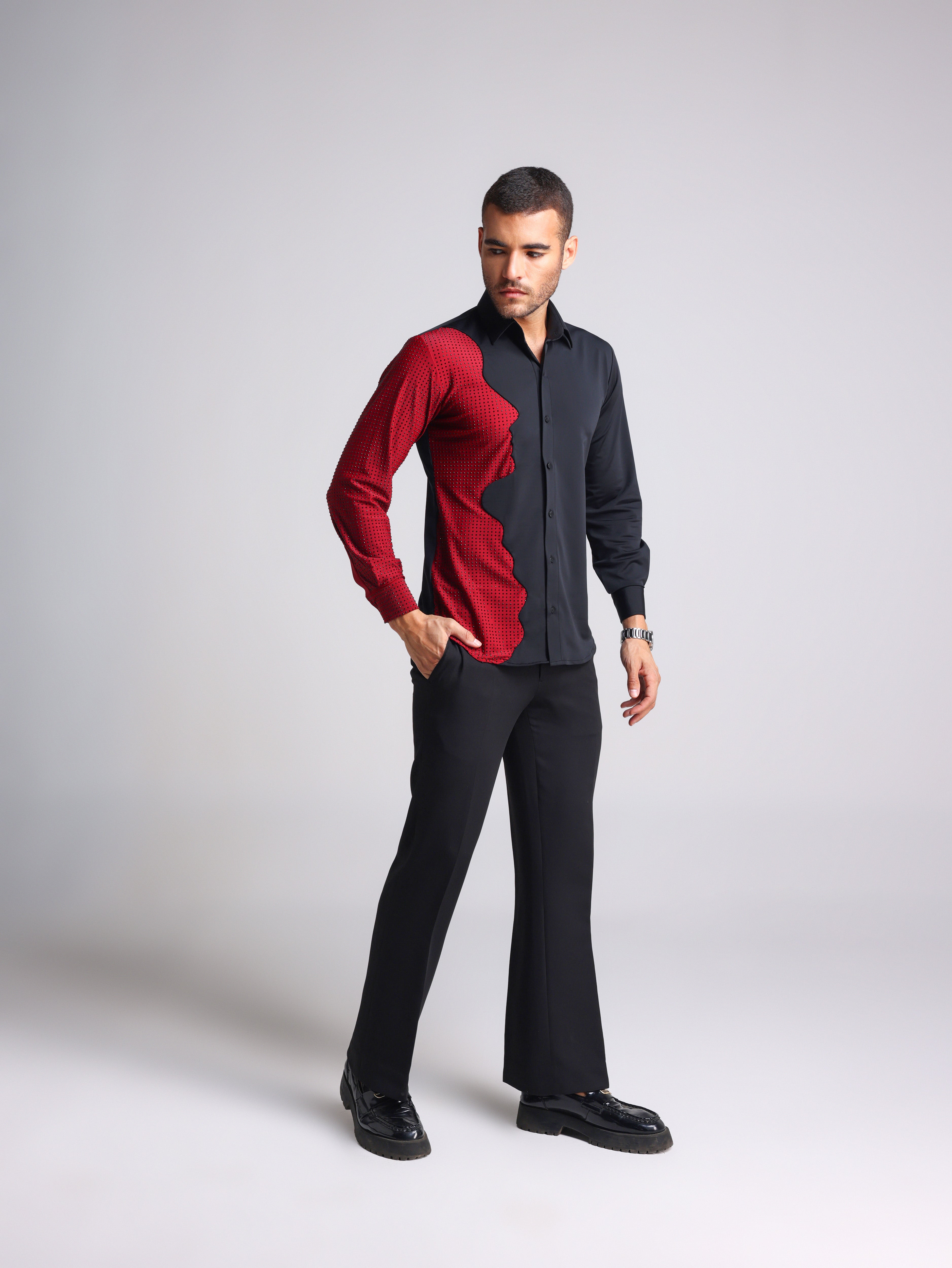 red and black dress shirt FESTA RED AND BLACK FACE DETAIL SWAROVSKI PARTY SHIRT – Fllae