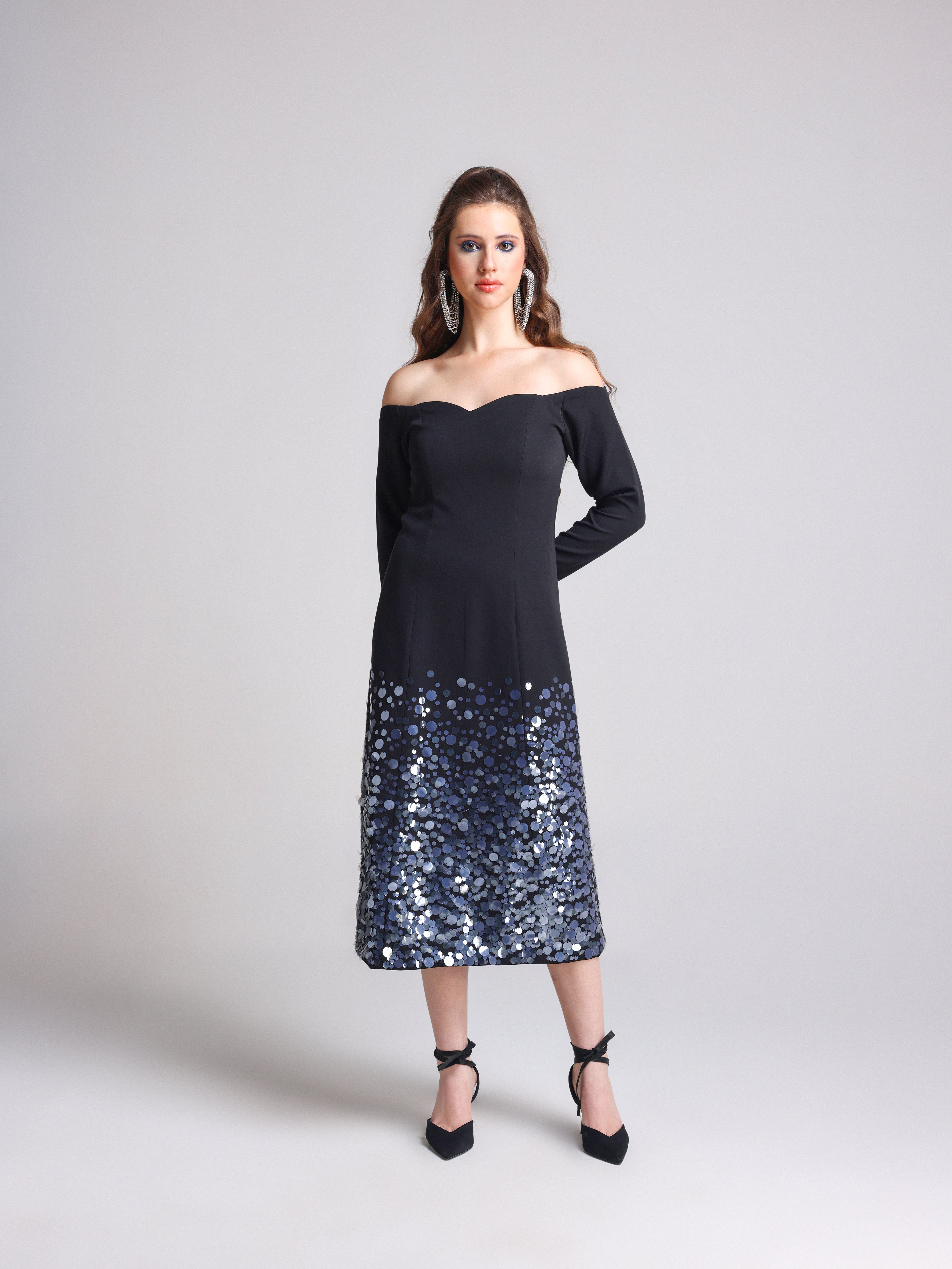 NOIRE BLACK OFF SHOULDER MIDI DRESS – Fllae