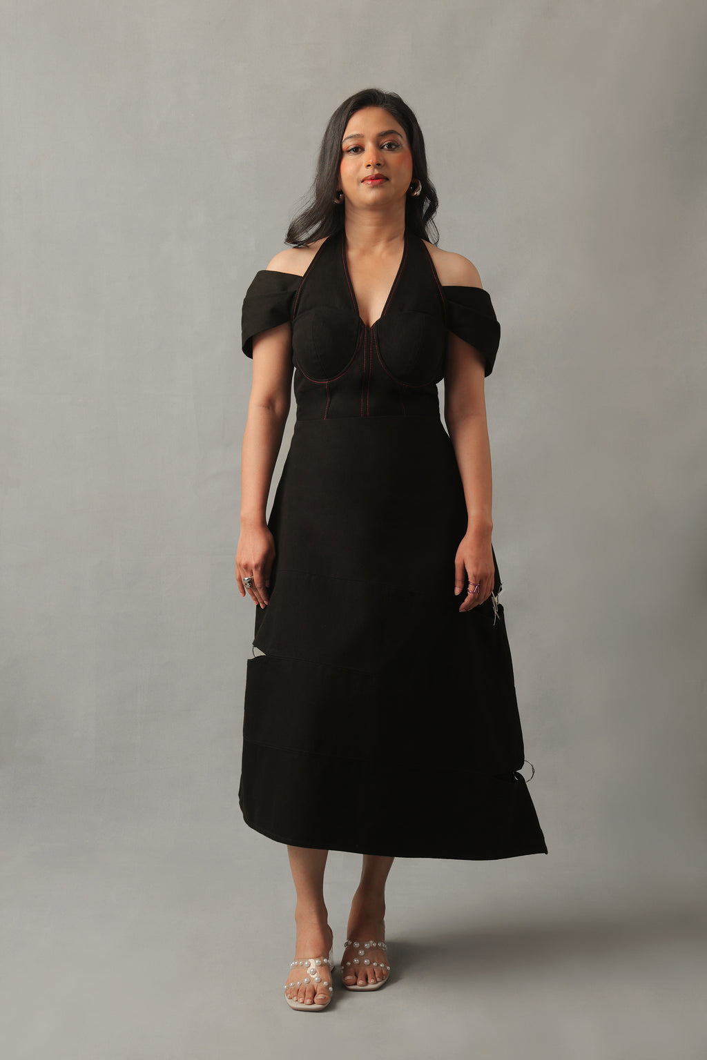 ASTRA BLACK CORSETED ILLUSION OFF-SHOULDER DENIM DRESS