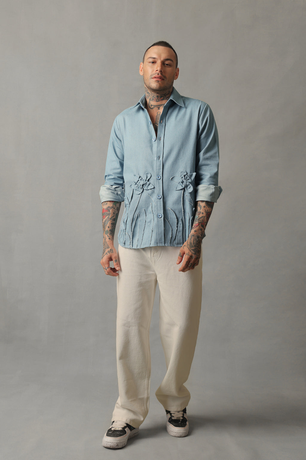 KARL LIGHT BLUE DENIM 3D FLORAL SHIRT SHACKET