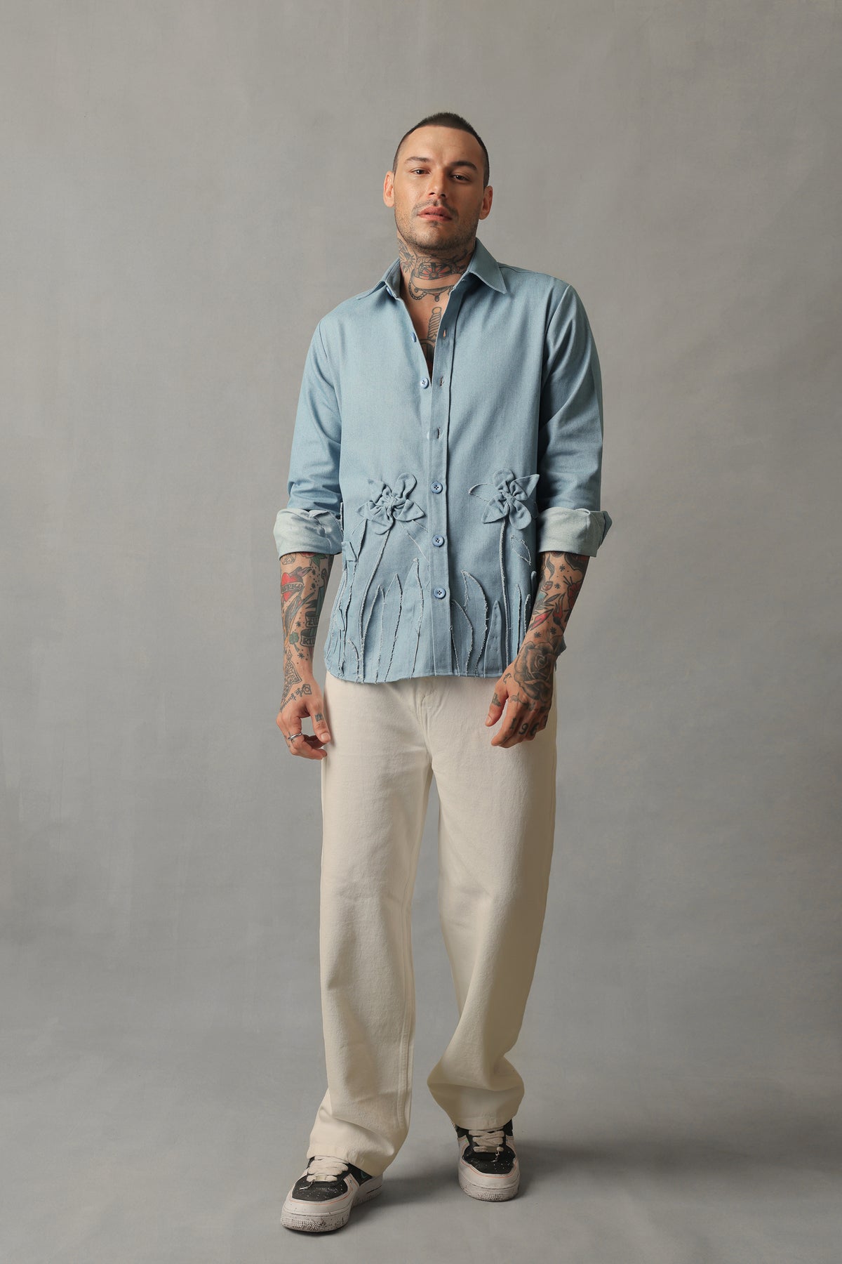 KARL LIGHT BLUE DENIM 3D FLORAL SHIRT SHACKET