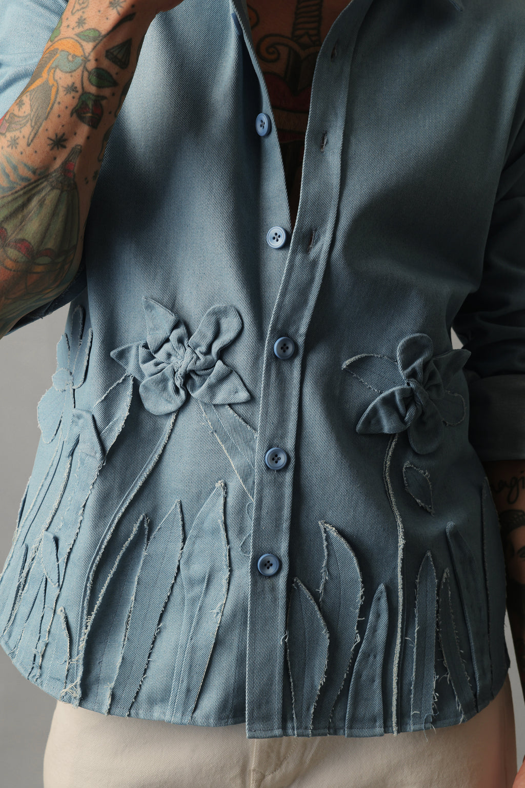 KARL LIGHT BLUE DENIM 3D FLORAL SHIRT SHACKET