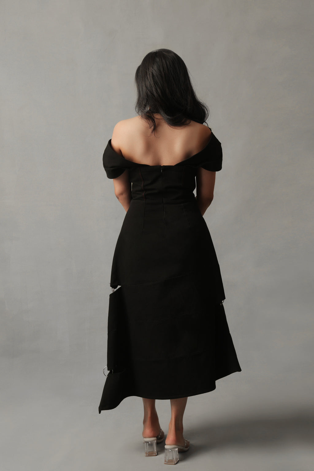 ASTRA BLACK CORSETED ILLUSION OFF-SHOULDER DENIM DRESS