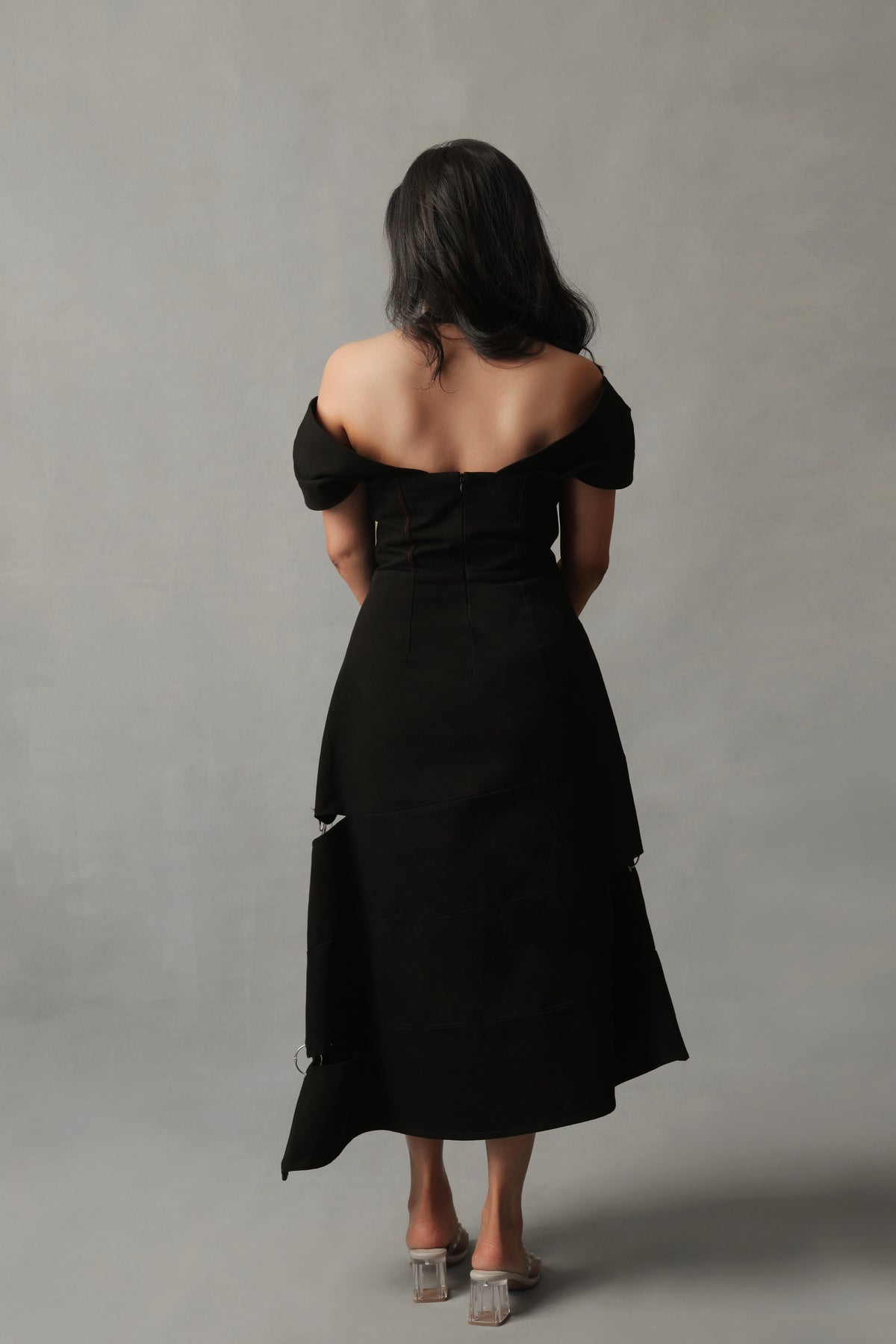 ASTRA BLACK CORSETED ILLUSION OFF-SHOULDER DENIM DRESS