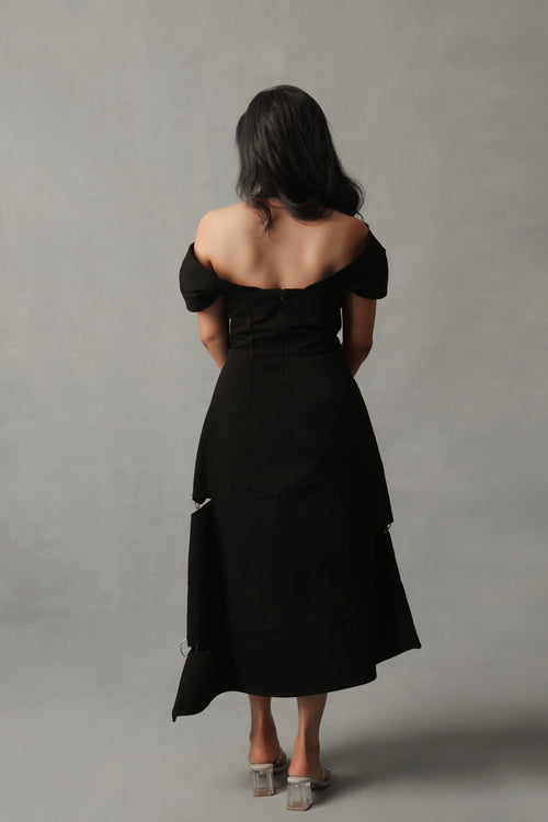 ASTRA BLACK CORSETED ILLUSION OFF-SHOULDER DENIM DRESS