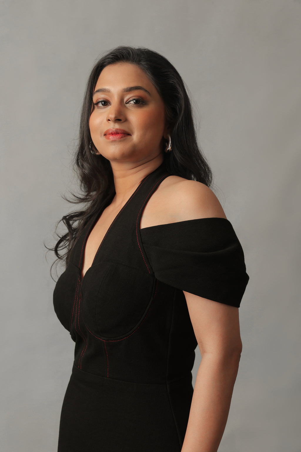 ASTRA BLACK CORSETED ILLUSION OFF-SHOULDER DENIM DRESS