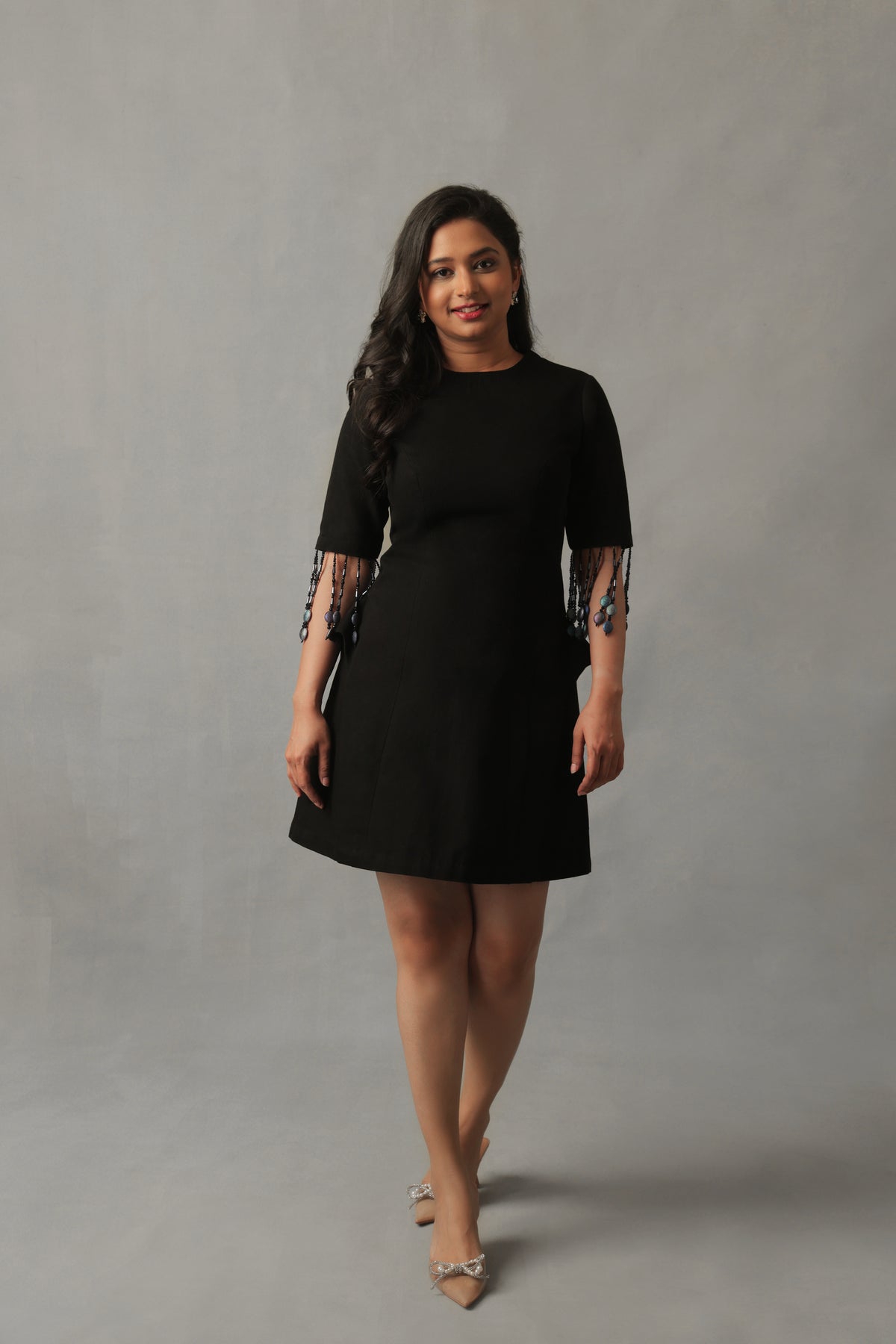 ZIVA BLACK DENIM BEADED TASSEL DRESS