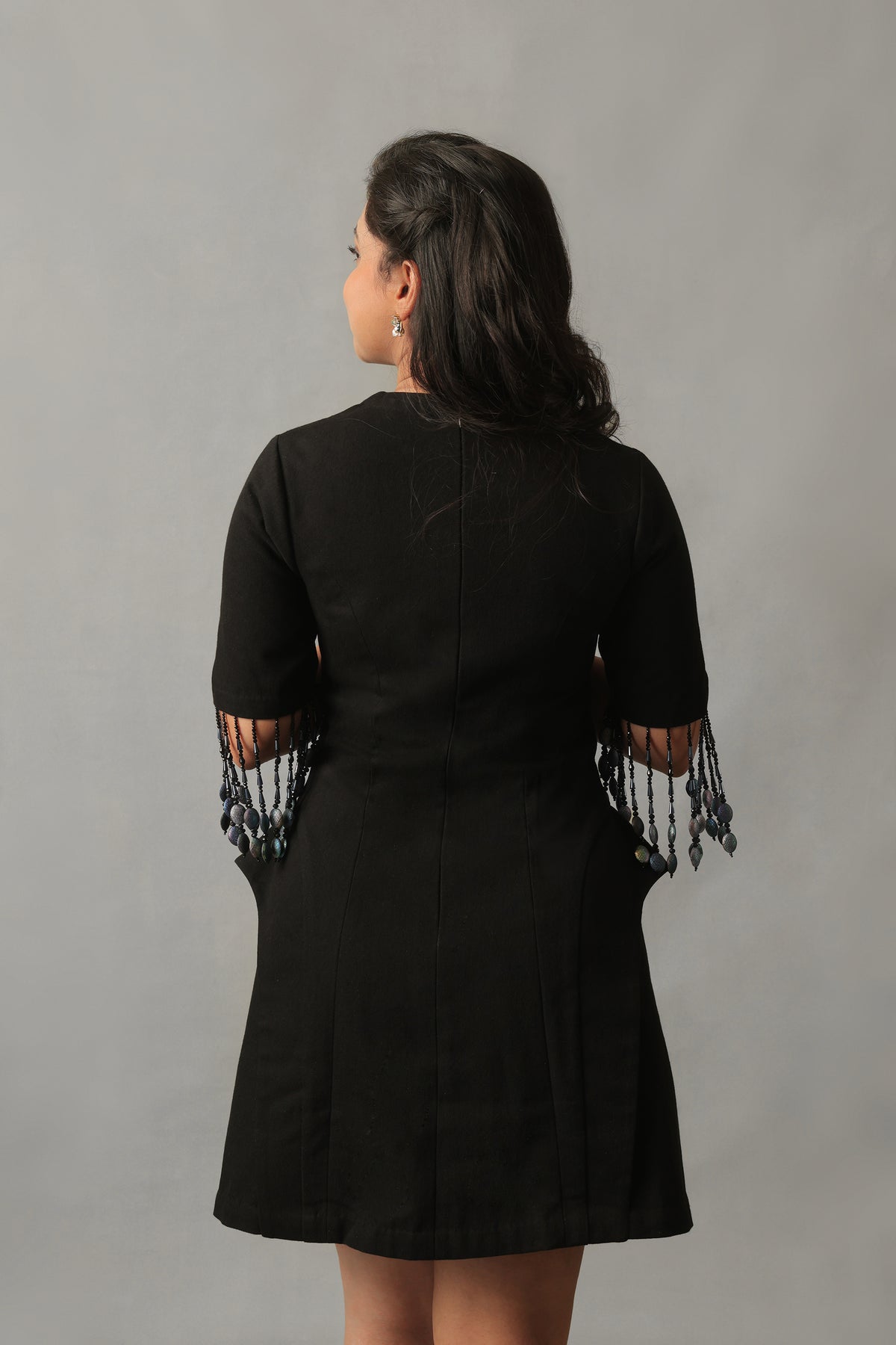 ZIVA BLACK DENIM BEADED TASSEL DRESS