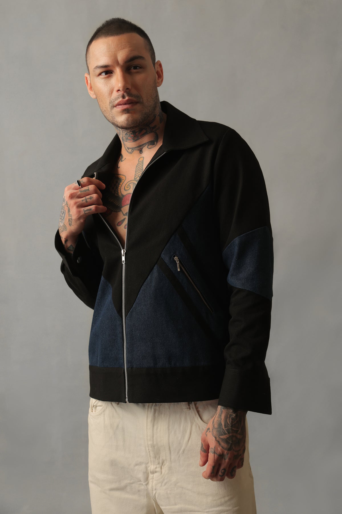 AVEN BLACK BLUE DENIM ZIPPED JACKET