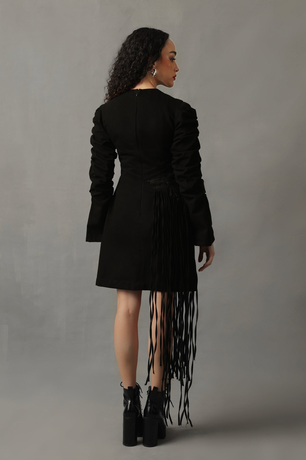 CIEL BLACK DENIM SIDE FRINGED DRESS