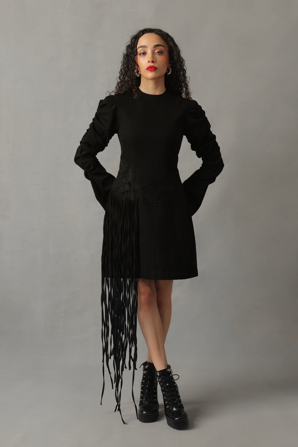 CIEL BLACK DENIM SIDE FRINGED DRESS