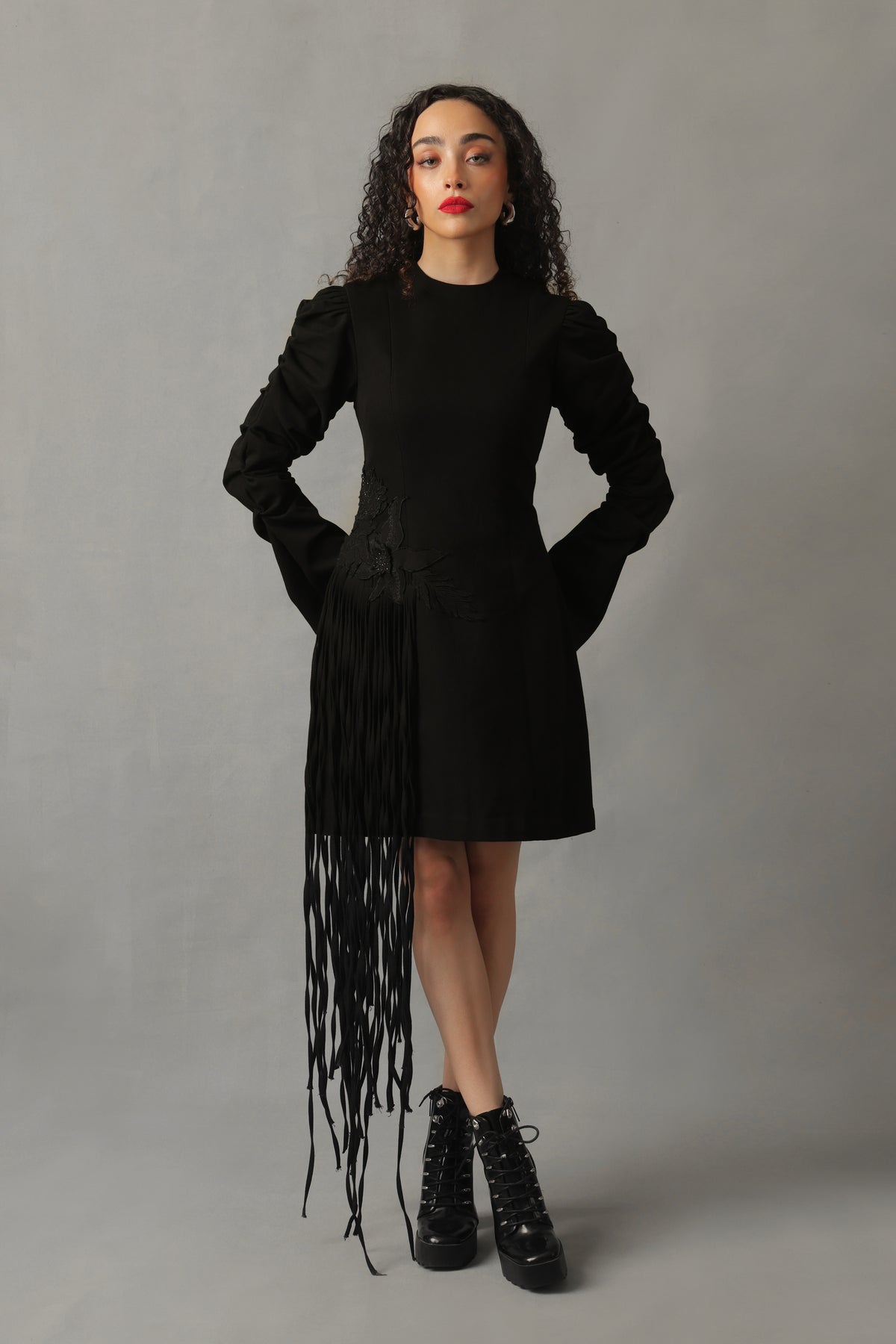 CIEL BLACK DENIM SIDE FRINGED DRESS