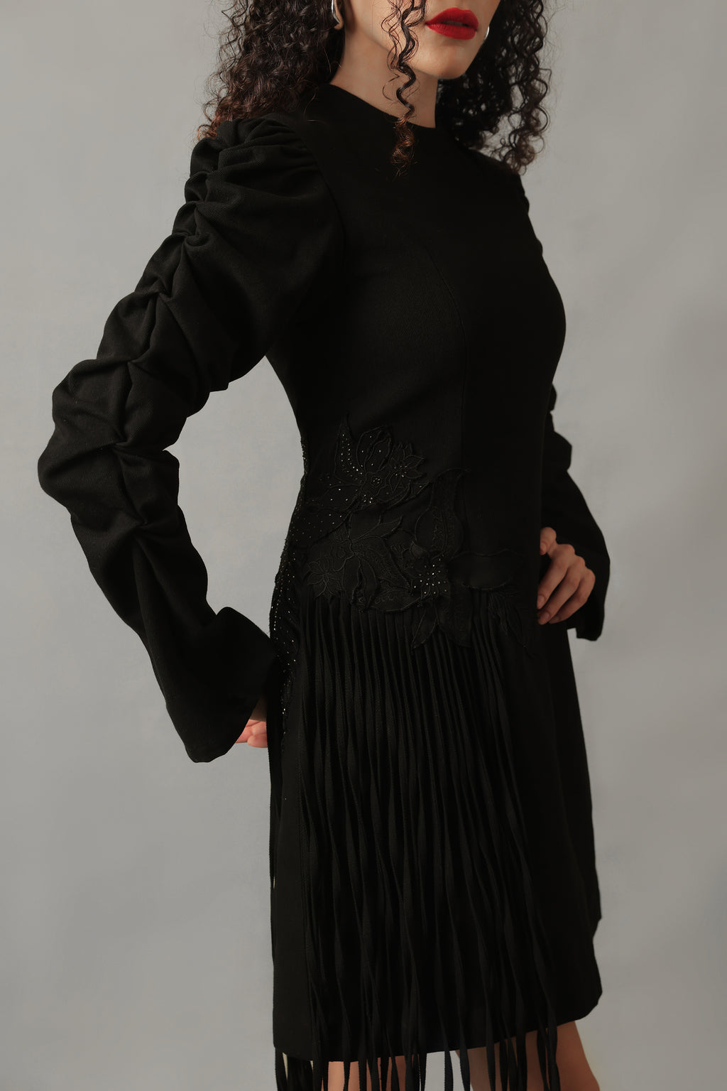 CIEL BLACK DENIM SIDE FRINGED DRESS