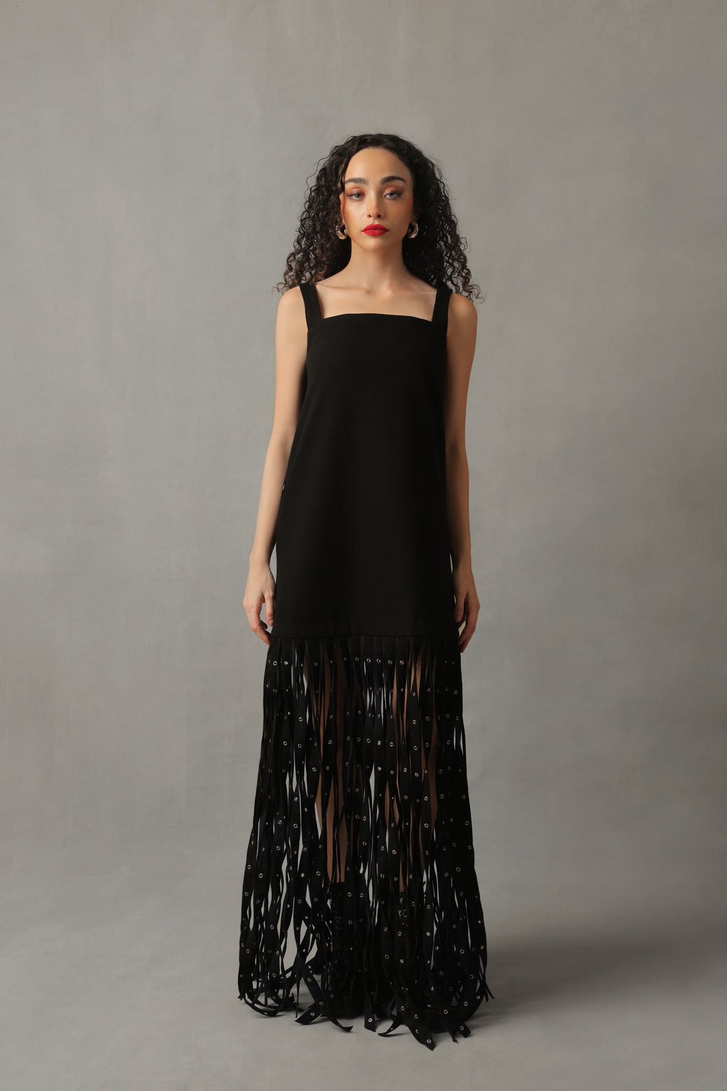 RIVEN BLACK DENIM RIVETED FRINGE DRESS