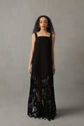 RIVEN BLACK DENIM RIVETED FRINGE DRESS