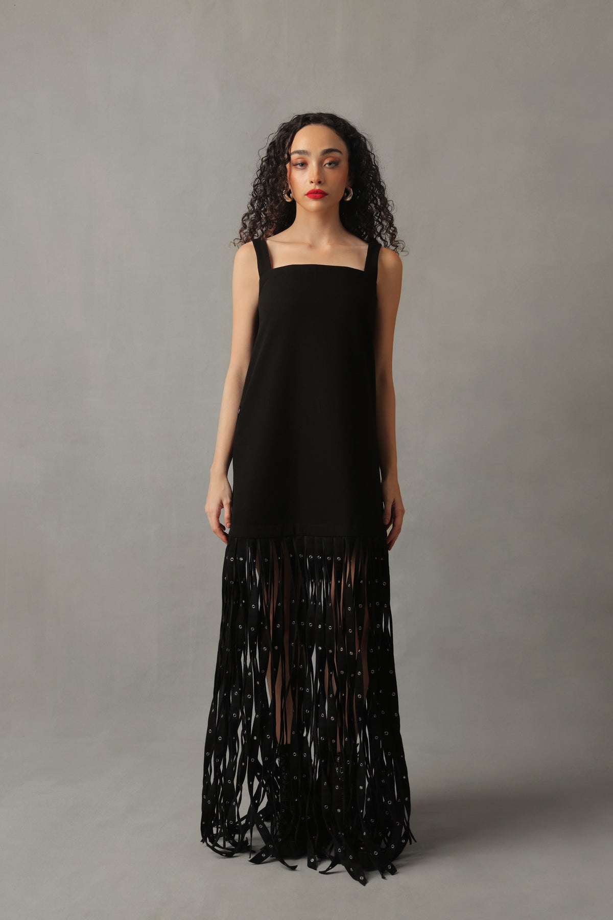 RIVEN BLACK DENIM RIVETED FRINGE DRESS