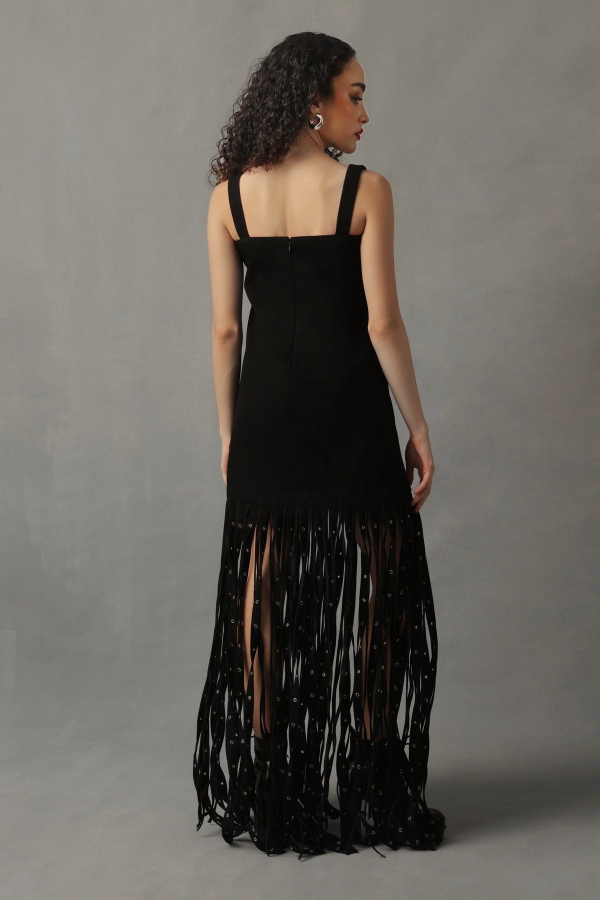 RIVEN BLACK DENIM RIVETED FRINGE DRESS