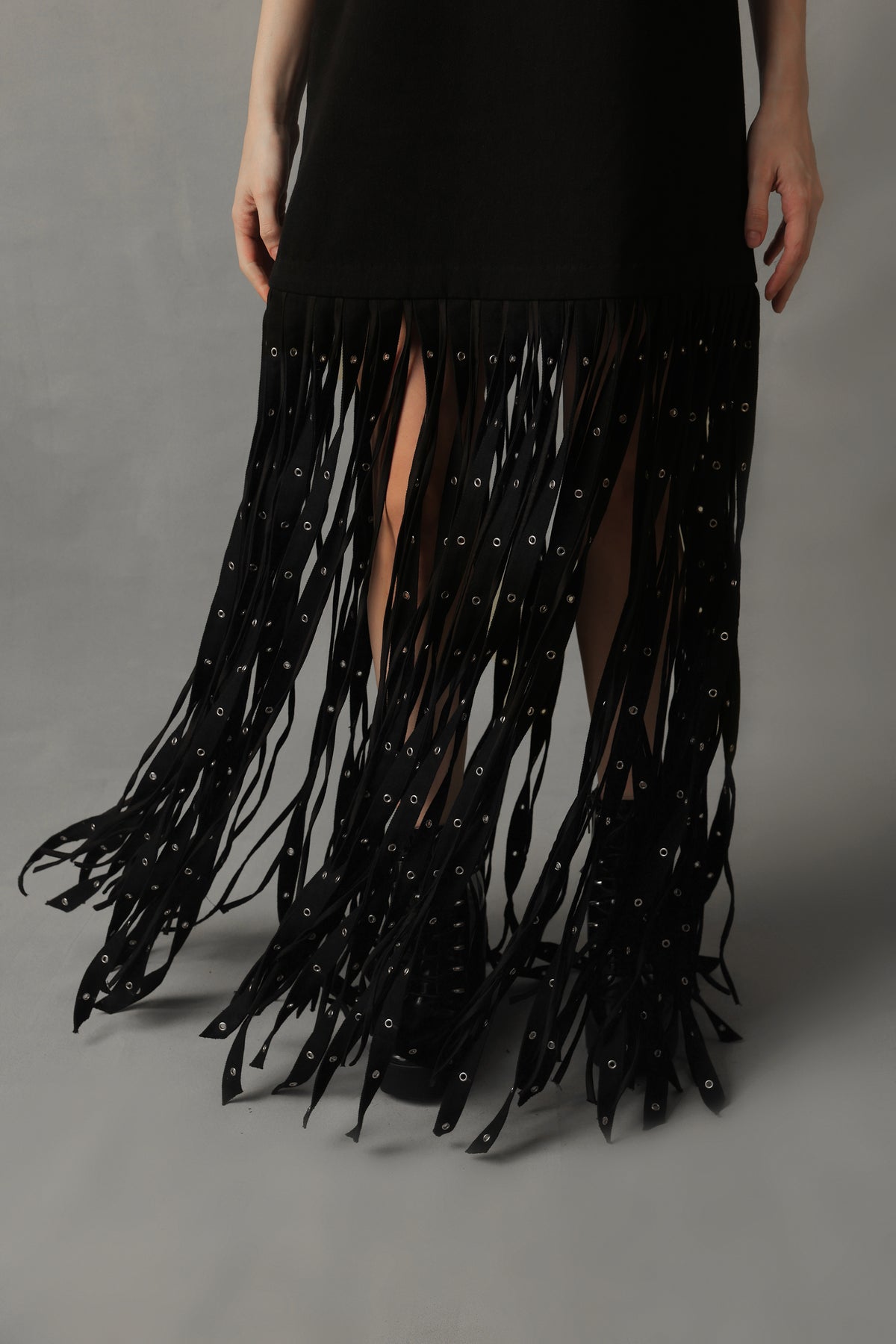 RIVEN BLACK DENIM RIVETED FRINGE DRESS