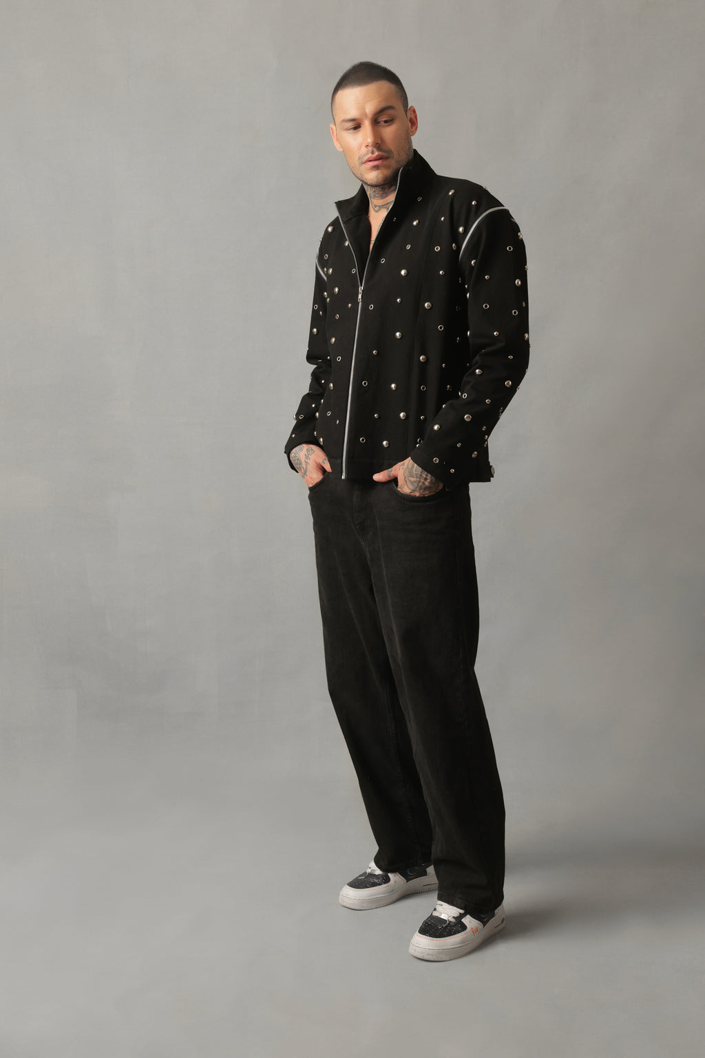 REFORM BLACK DENIM DETACHABLE RIVETED ZIPPED JACKET