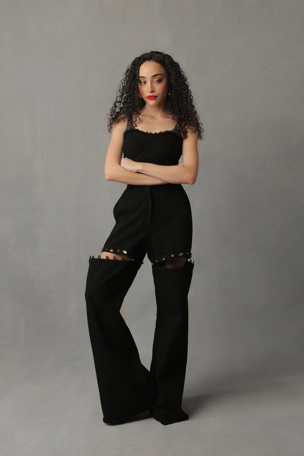 EIRA BLACK DENIM DETACHABLE BUTTONED PANTS/SHORTS