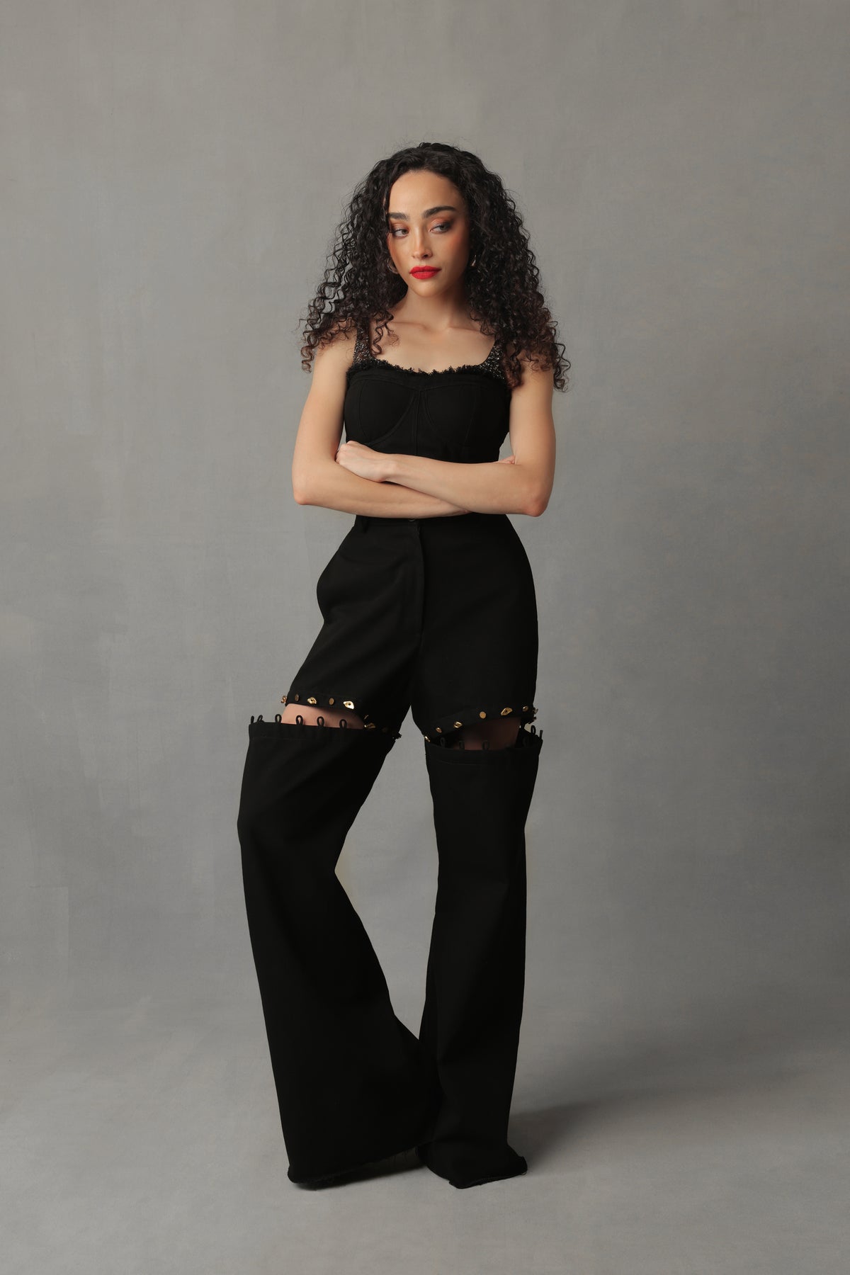 EIRA BLACK DENIM DETACHABLE BUTTONED PANTS/SHORTS