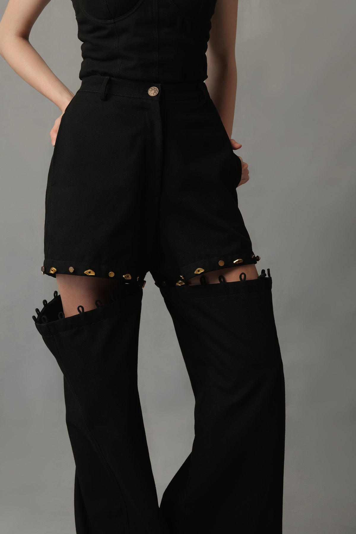 EIRA BLACK DENIM DETACHABLE BUTTONED PANTS/SHORTS