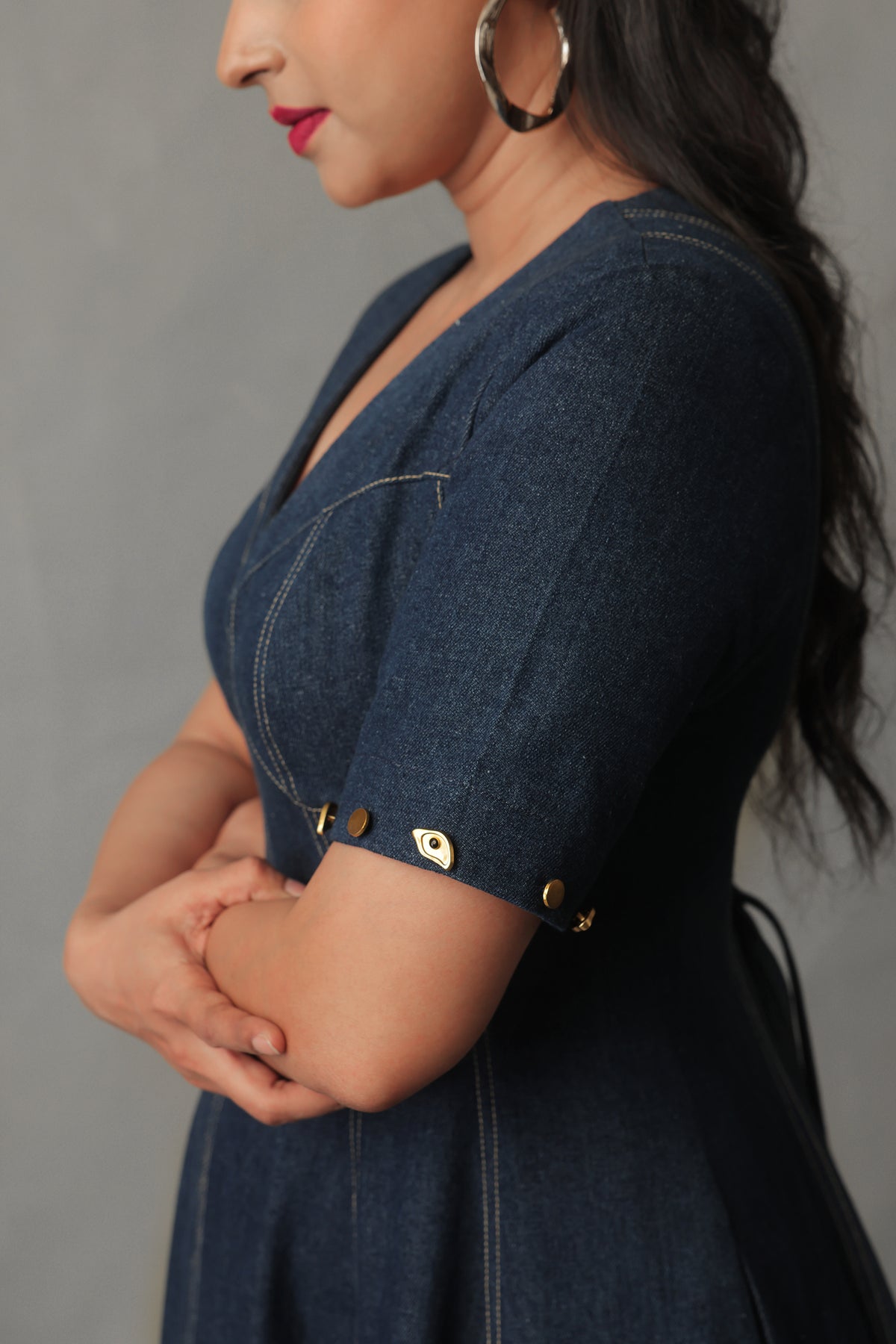 SORA DARK BLUE DENIM DETACHABLE BUTTONED DRESS