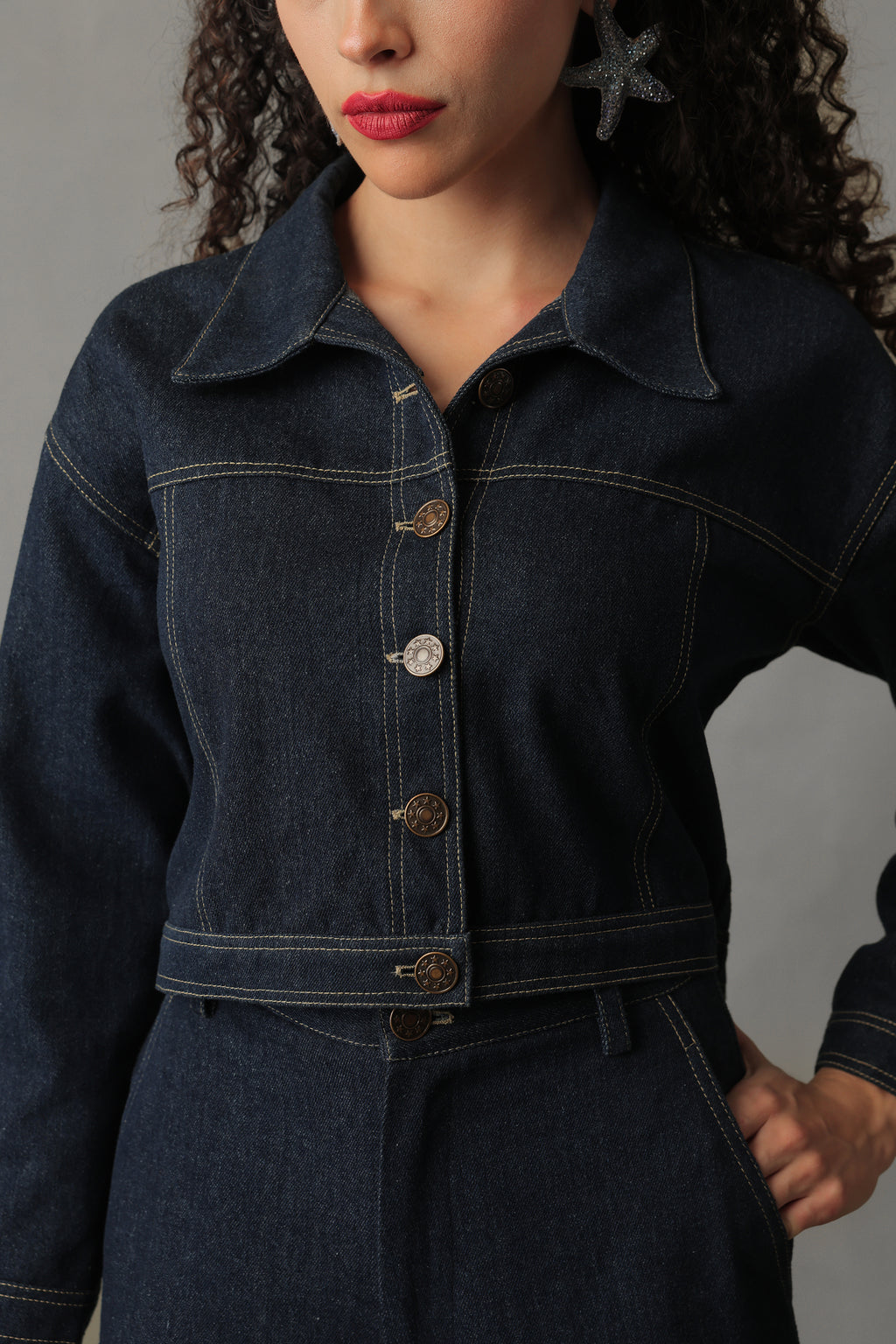 ORYN DARK BLUE DENIM BUTTONED SHORT JACKET