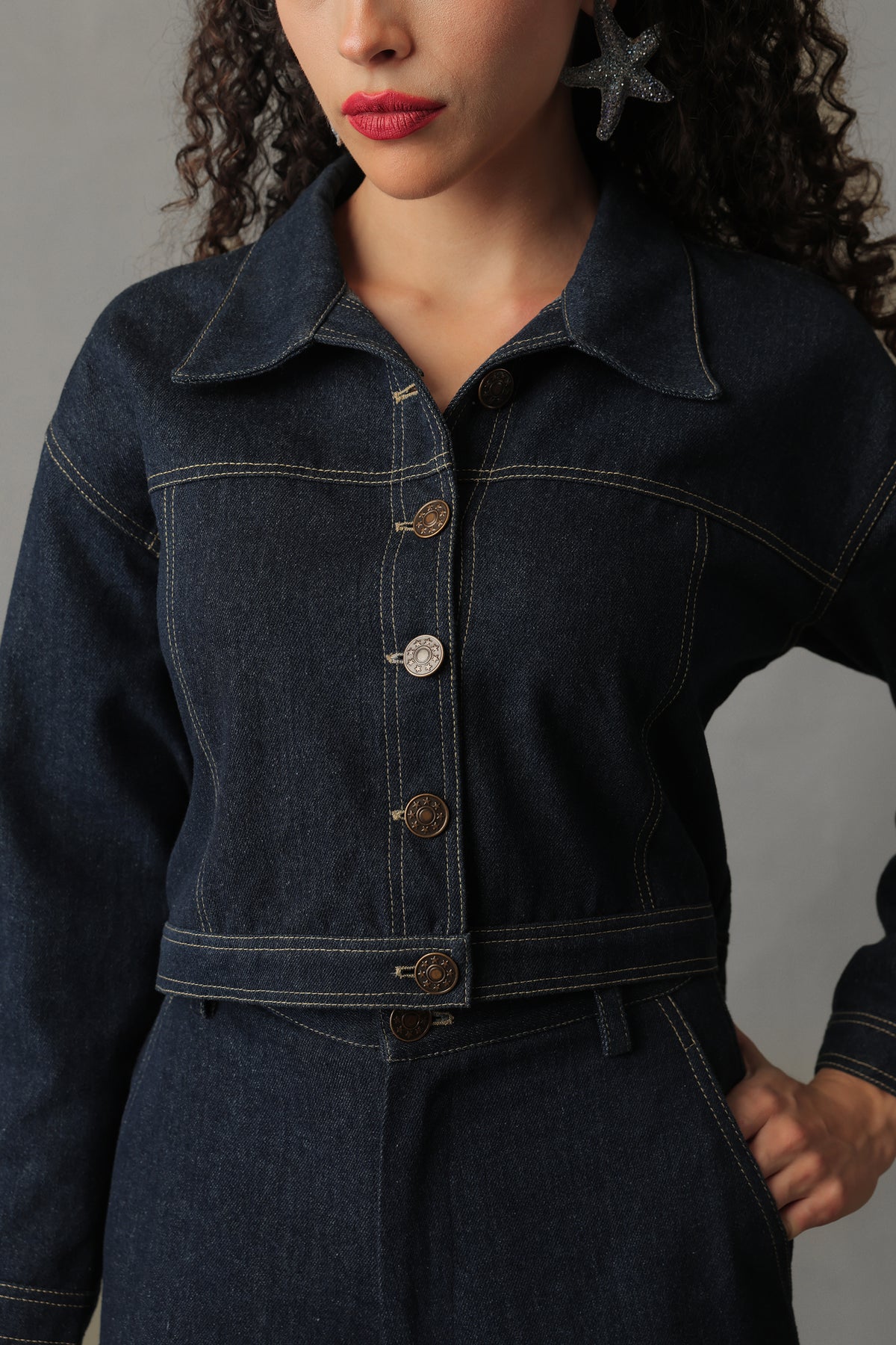 ORYN DARK BLUE DENIM BUTTONED SHORT JACKET