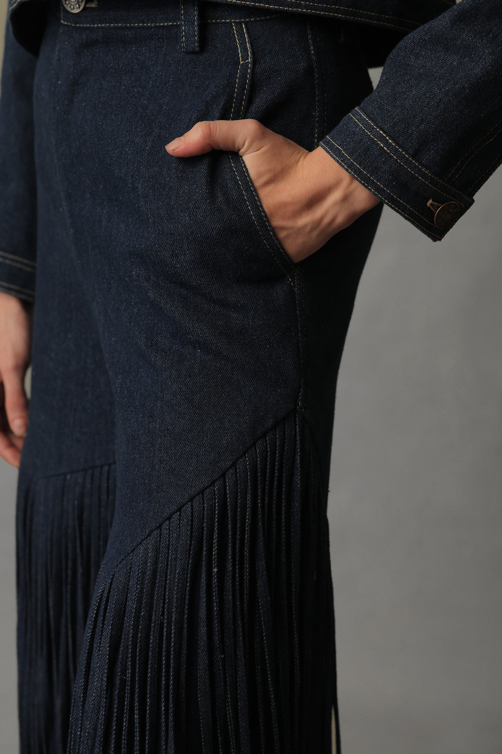 AURE DARK BLUE DENIM FRINGED PANTS