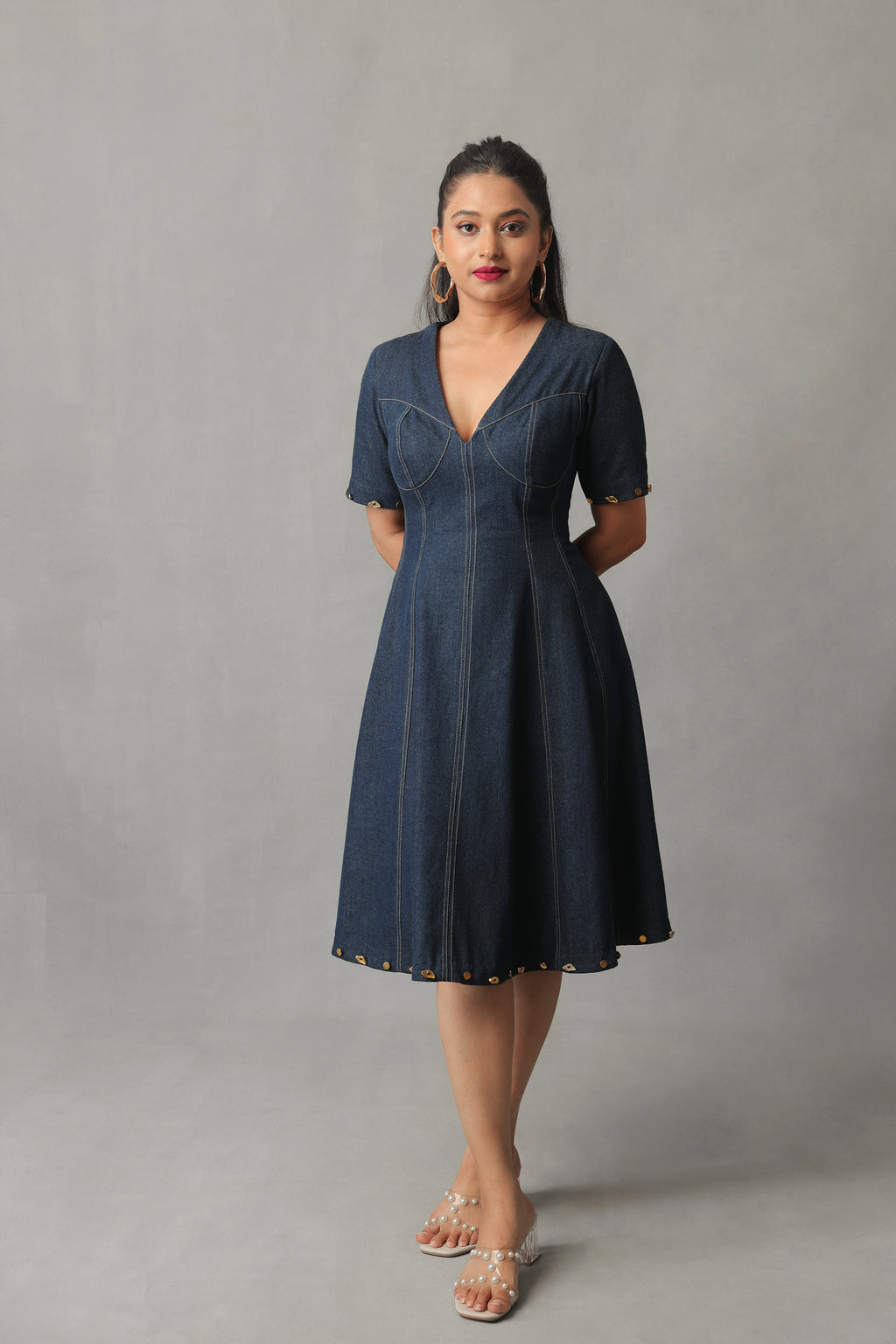 SORA DARK BLUE DENIM DETACHABLE BUTTONED DRESS