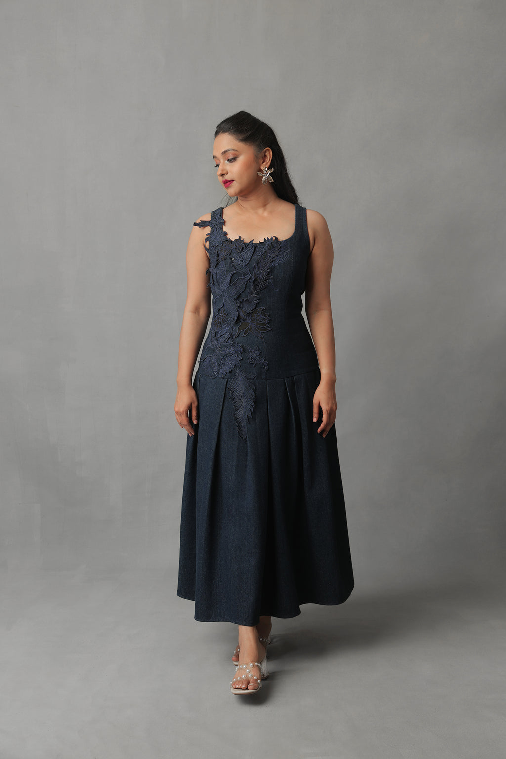 RHEA DARK BLUE DENIM 3D EMBELLISHED DROPWAIST DRESS