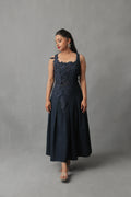 RHEA DARK BLUE DENIM 3D EMBELLISHED DROPWAIST DRESS