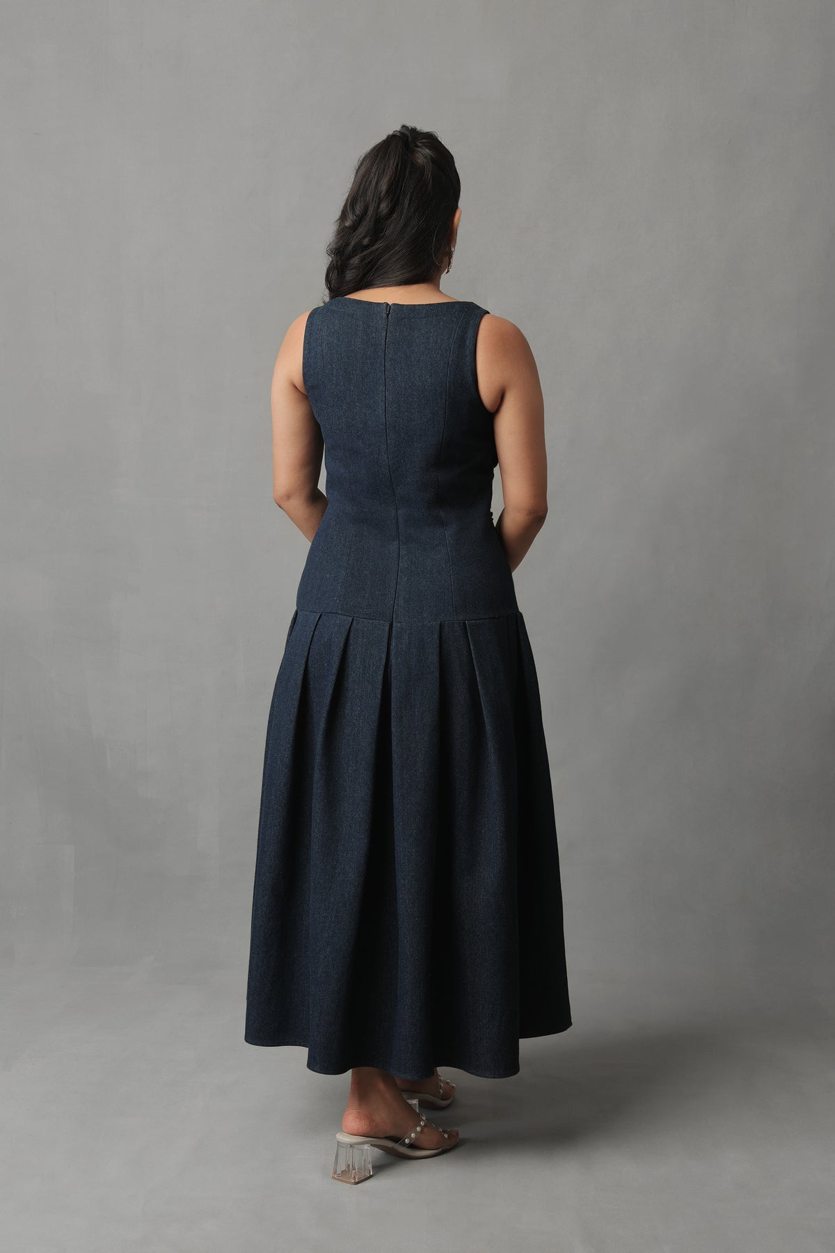 RHEA DARK BLUE DENIM 3D EMBELLISHED DROPWAIST DRESS